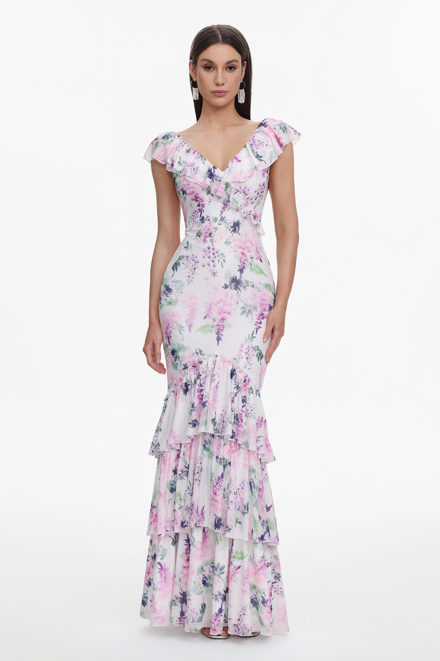 Lafesa Romantic Flowy V Neck Sleeveless Ruffle Floral Print Maxi Dress