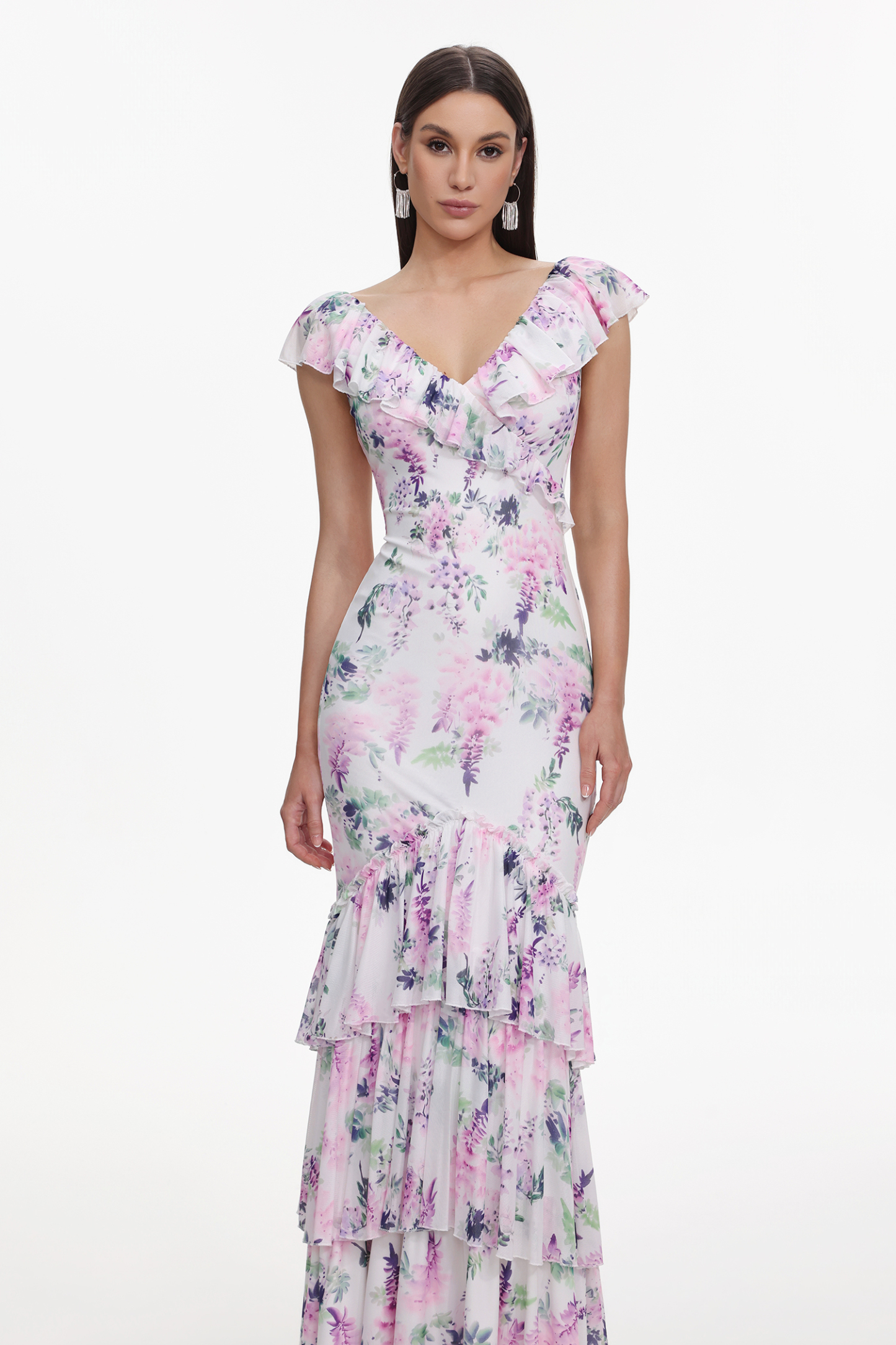 Lafesa Romantic Flowy V Neck Sleeveless Ruffle Floral Print Maxi Dress