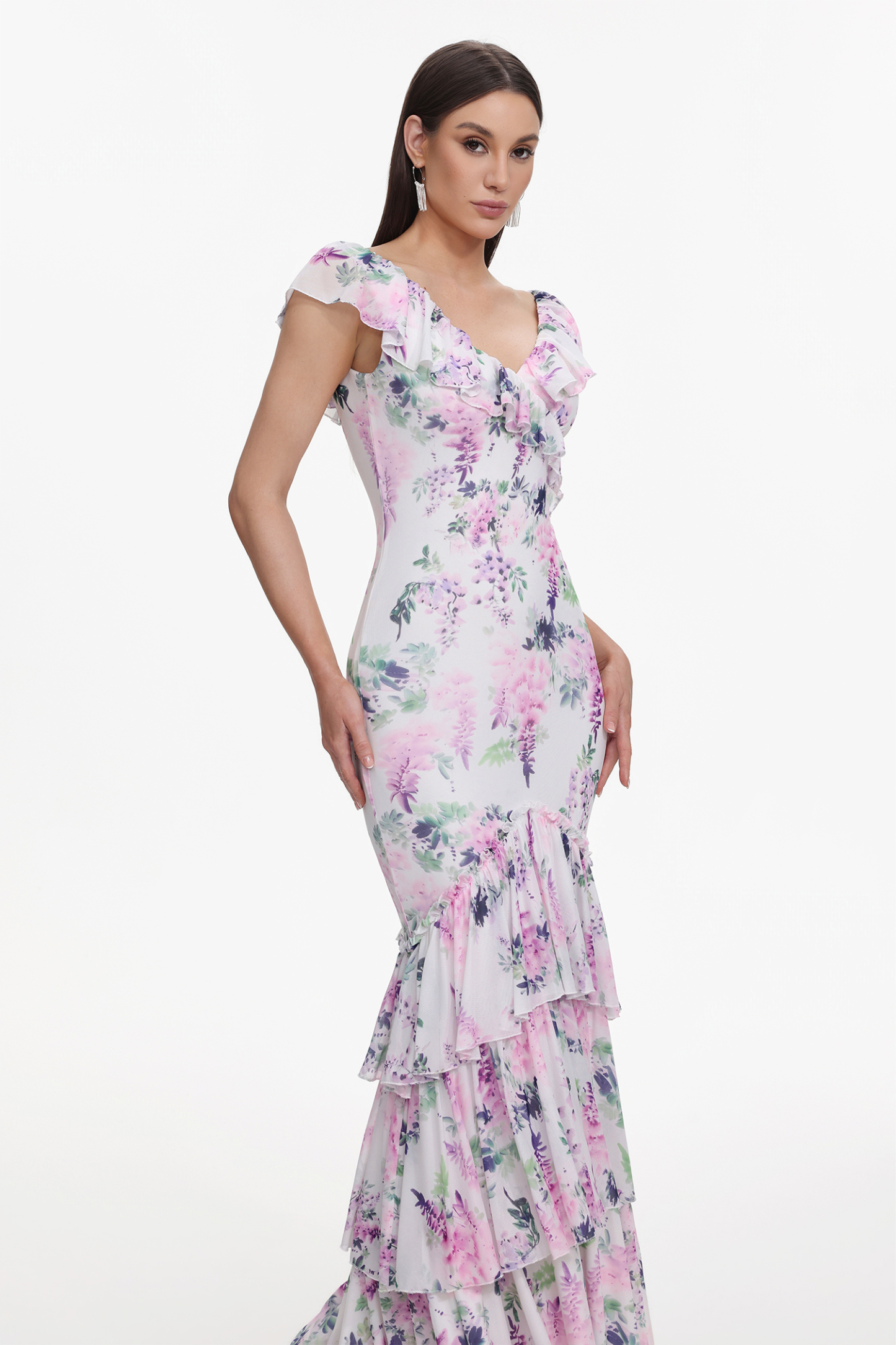 Lafesa Romantic Flowy V Neck Sleeveless Ruffle Floral Print Maxi Dress