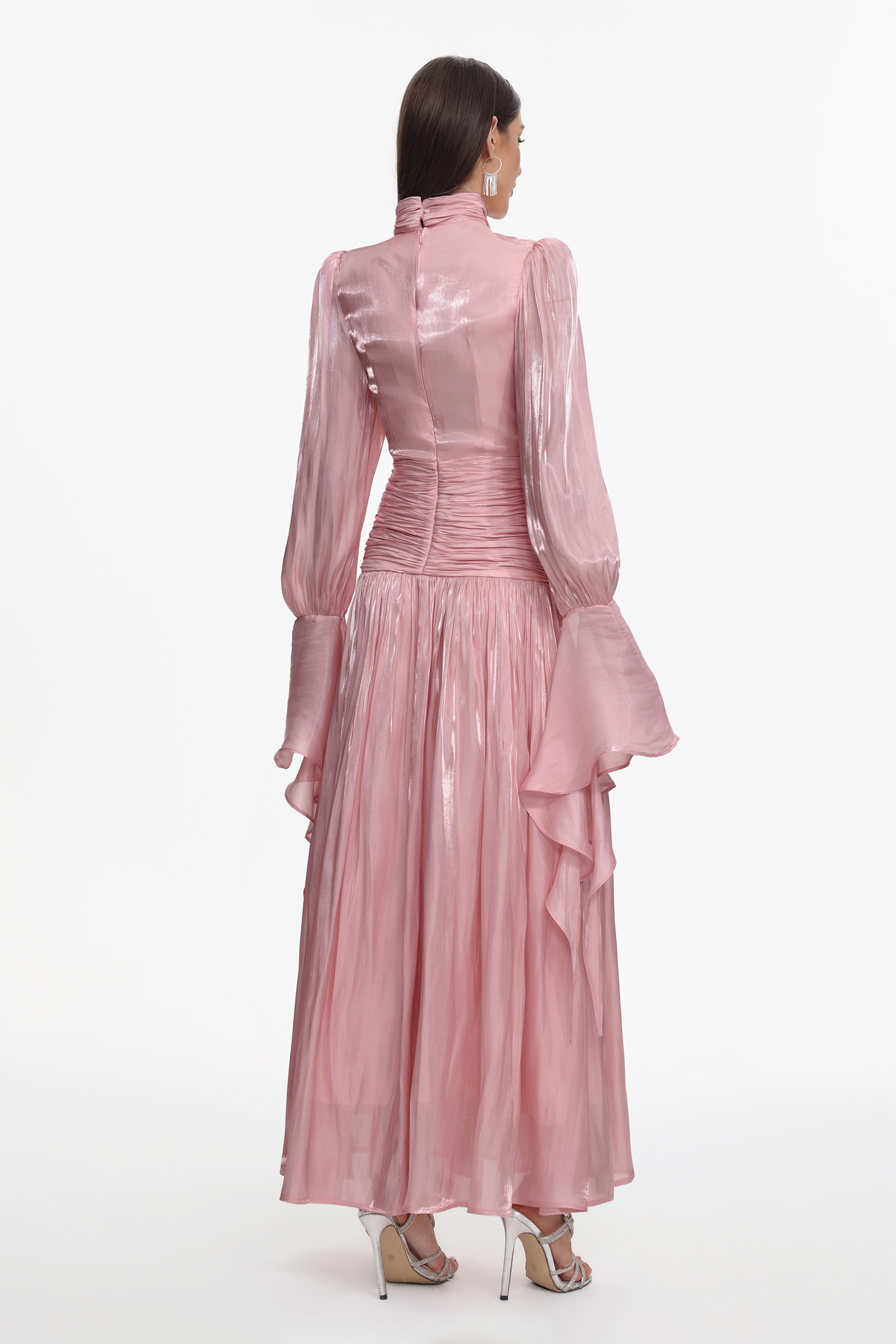 Viky Resort Waist-Defining Long Sleeve Ruched Woven Dark Pink Maxi Dress