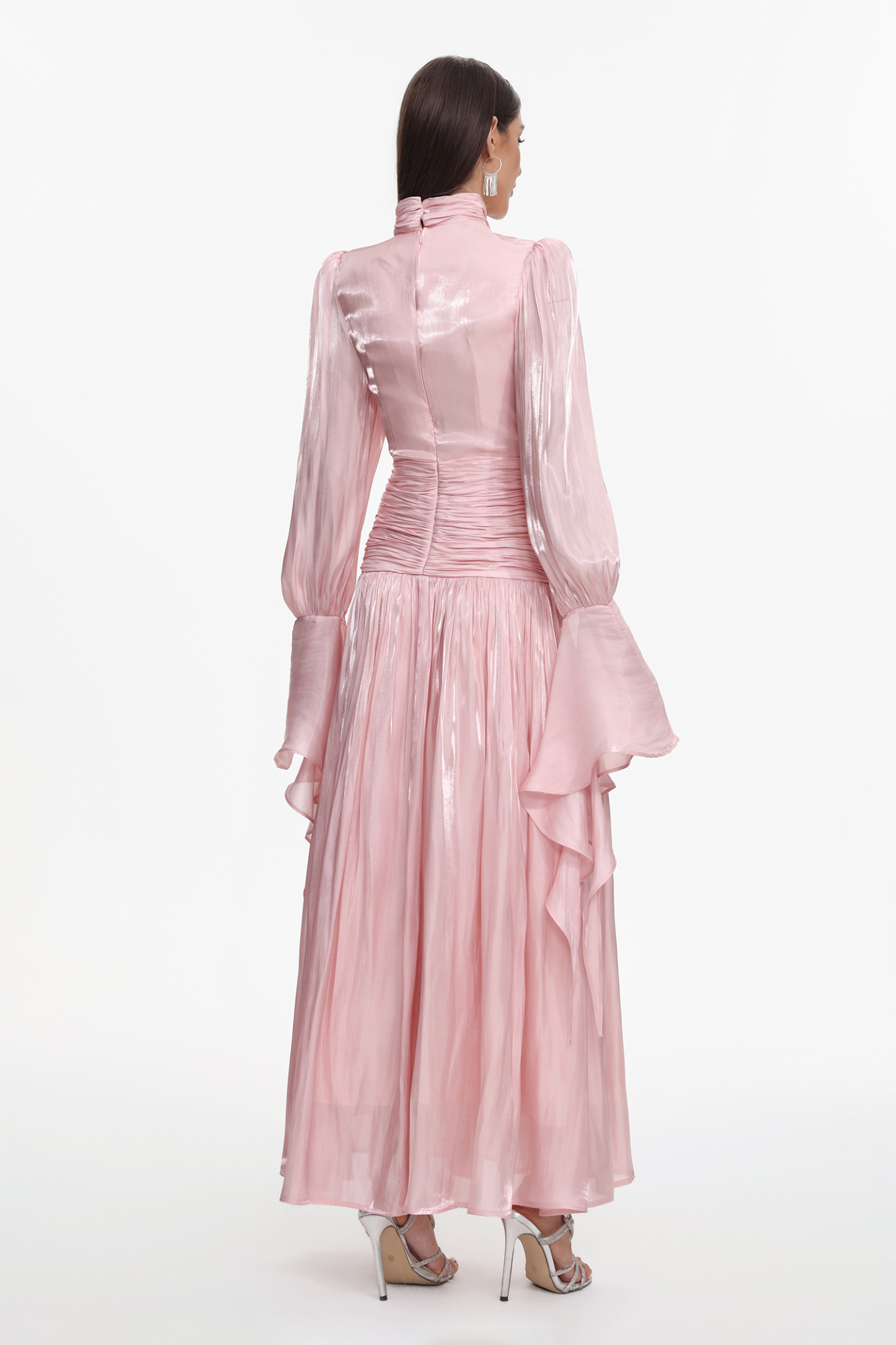 Viky Resort Waist-Defining Long Sleeve Ruched Woven Maxi Dress