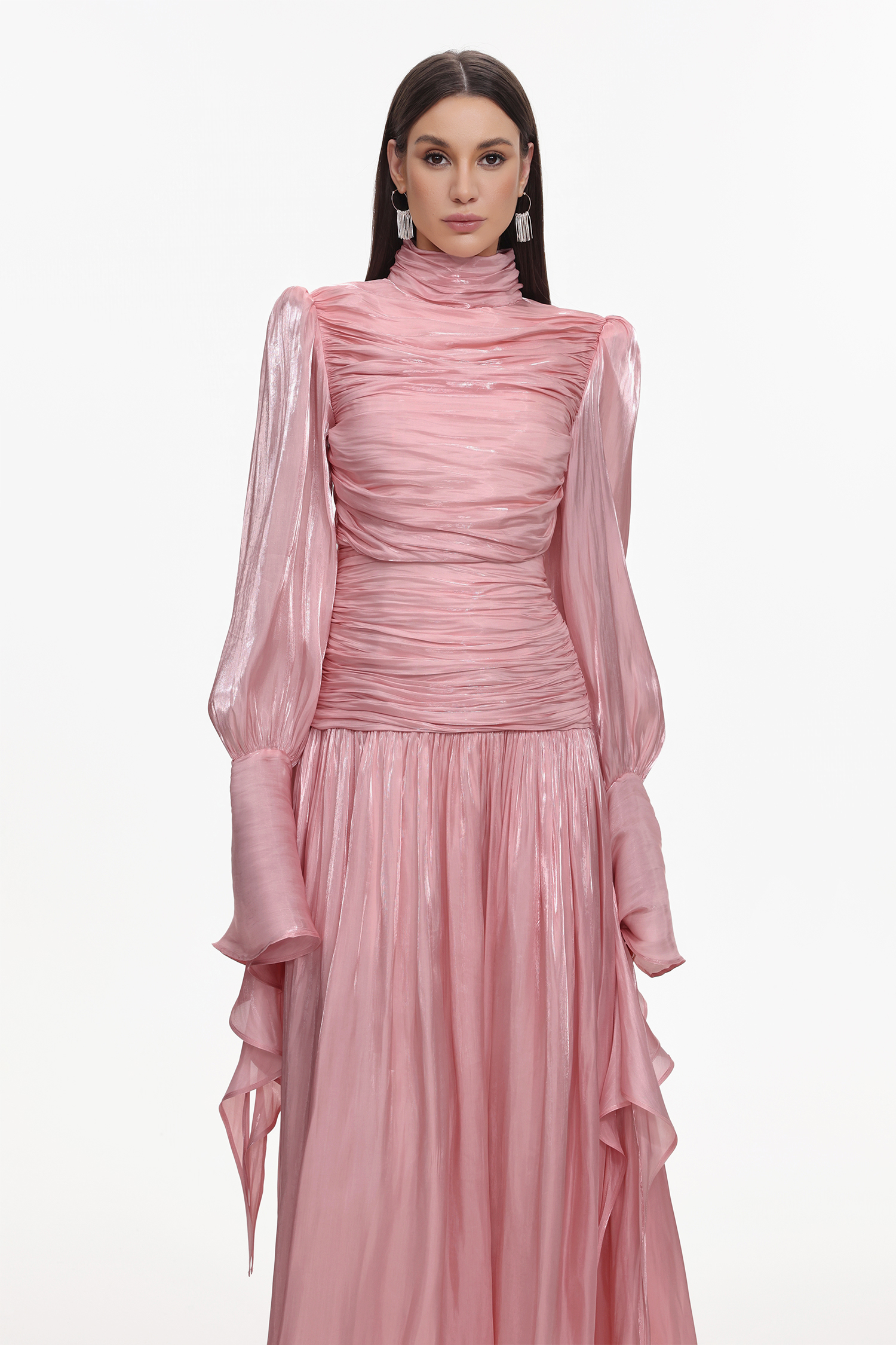 Viky Resort Waist-Defining Long Sleeve Ruched Woven Dark Pink Maxi Dress