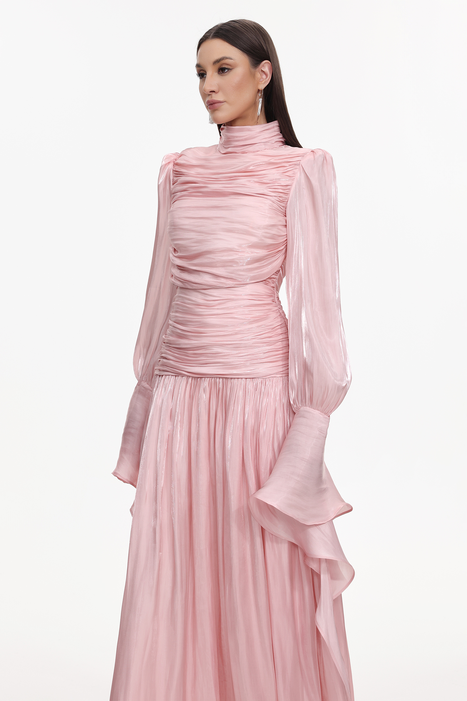 Viky Resort Waist-Defining Long Sleeve Ruched Woven Maxi Dress