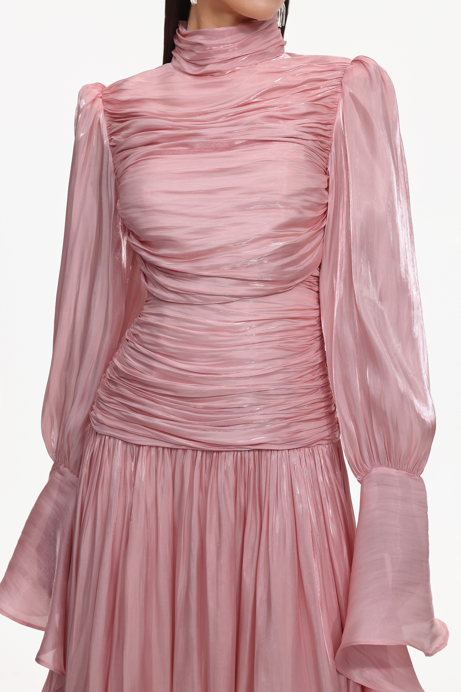 Viky Resort Waist-Defining Long Sleeve Ruched Woven Dark Pink Maxi Dress