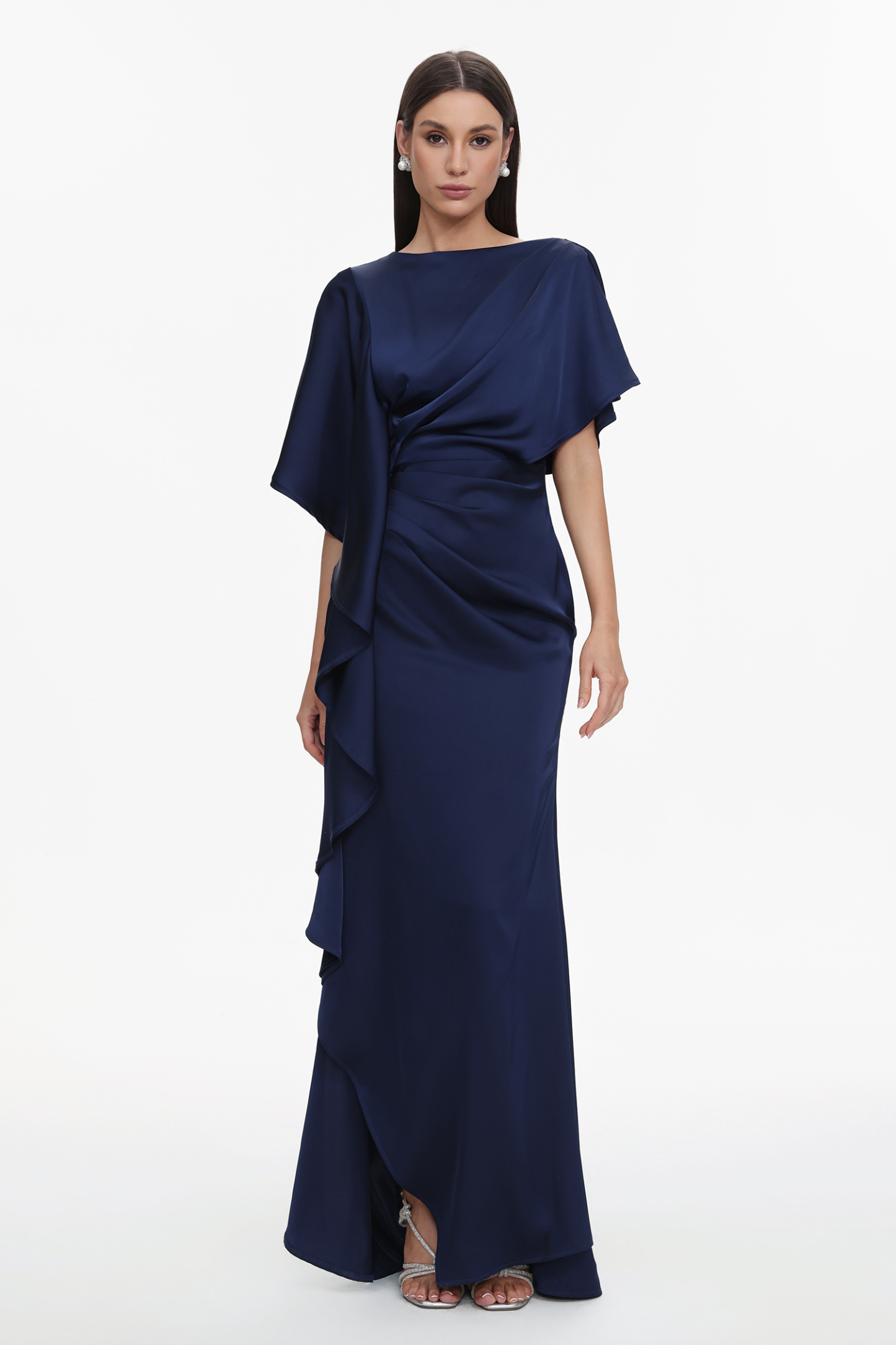 Lave Elegant Flowy Pleated Ruffle Satin Maxi Dress