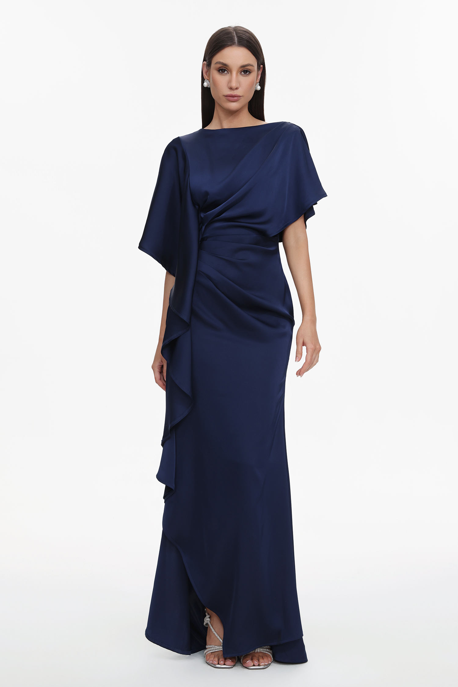 Lave Elegant Flowy Pleated Ruffle Satin Maxi Dress