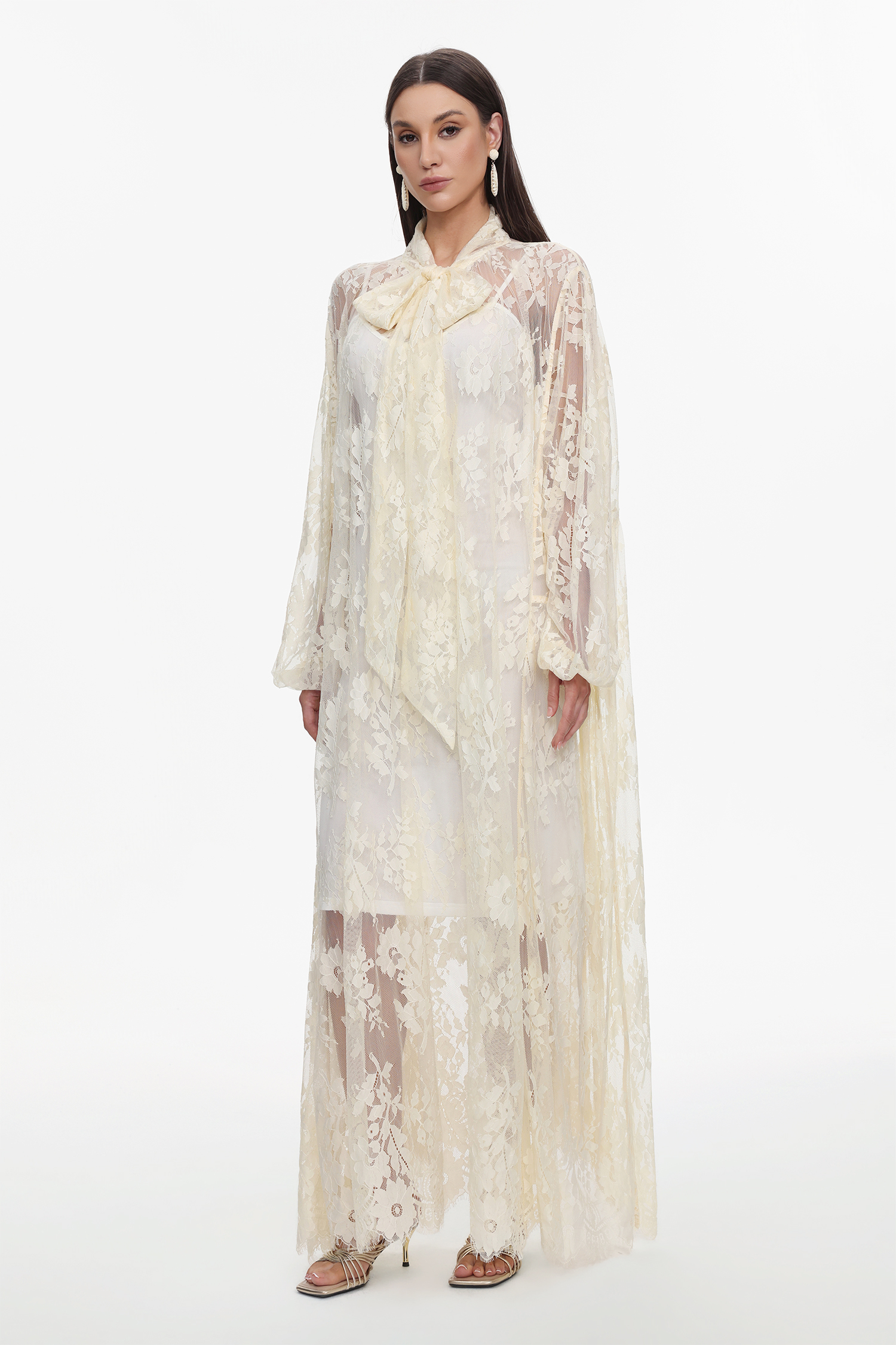 Deliyn Resort Flowy Long Sleeve Embroidered Mesh Lace Yellow Maxi Dress