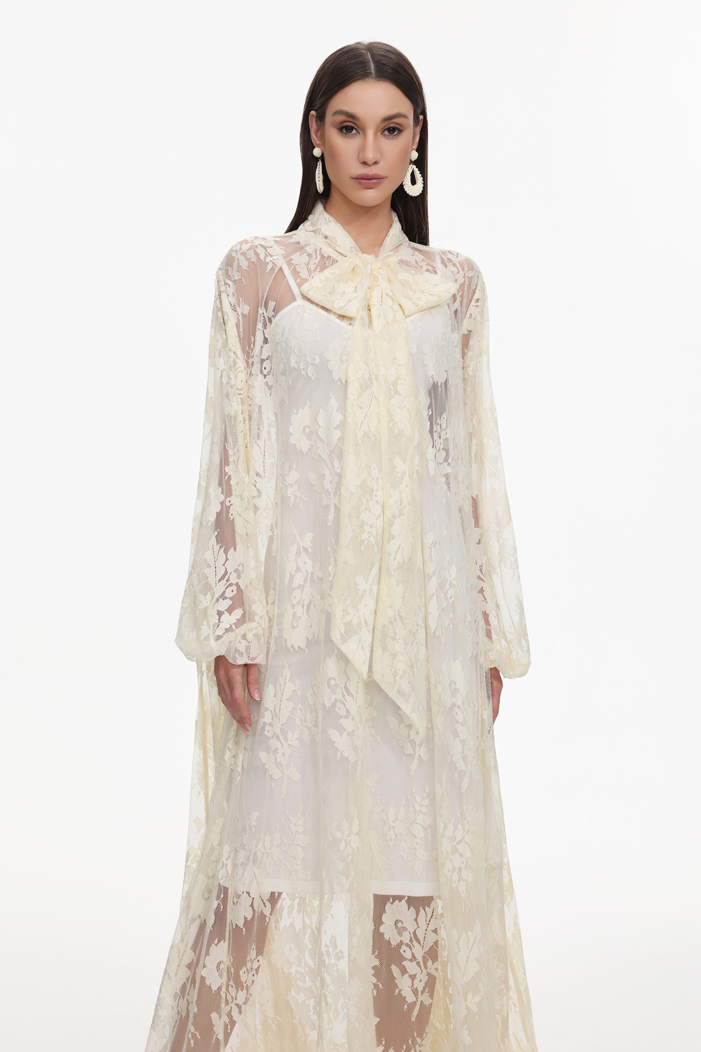 Deliyn Resort Flowy Long Sleeve Embroidered Mesh Lace Yellow Maxi Dress