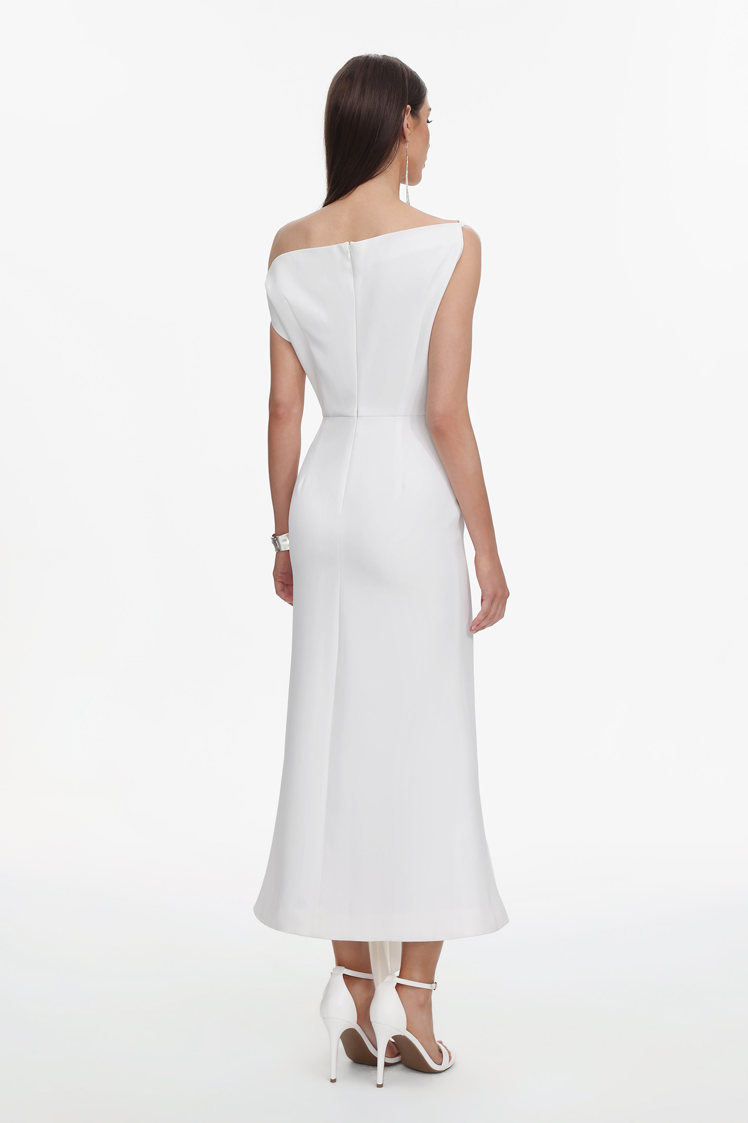 Paulina Oblique Shoulder Sleeveless Folds Midi Dress