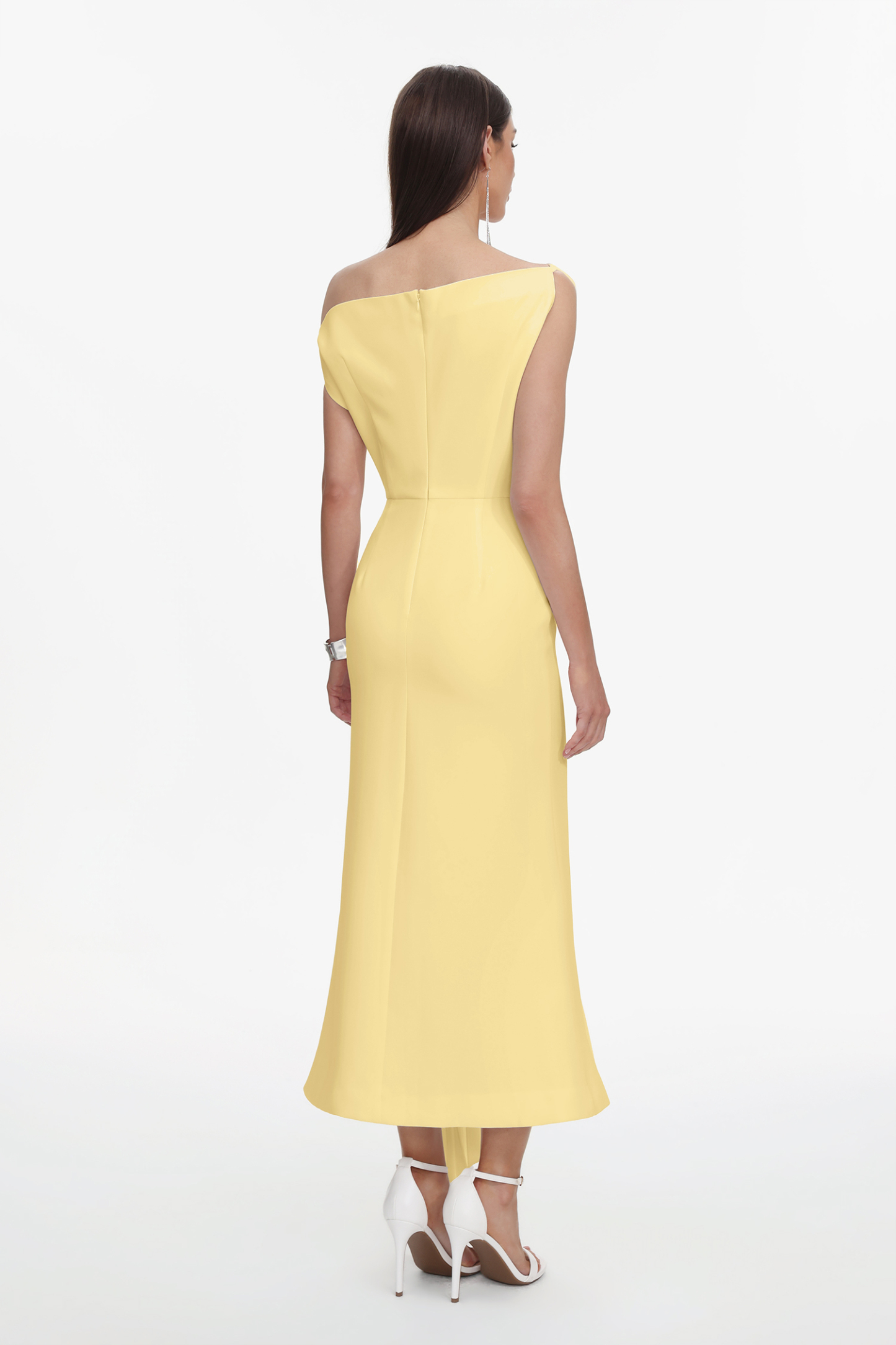 Paulina Oblique Shoulder Sleeveless Folds Yellow Midi Dress