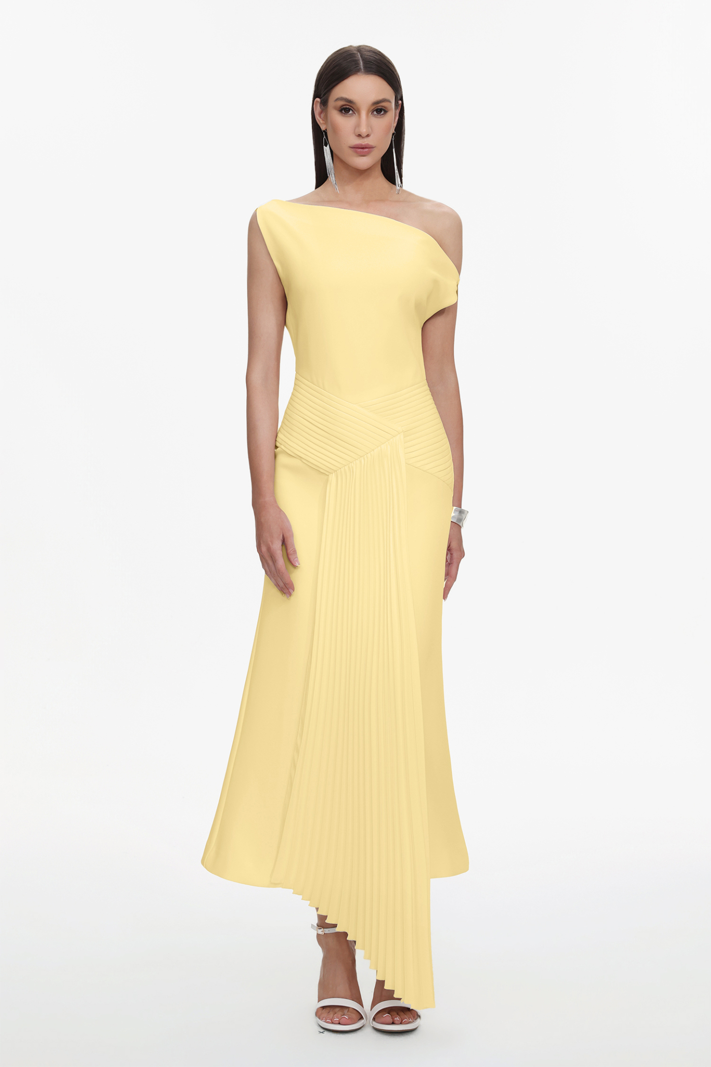 Paulina Oblique Shoulder Sleeveless Folds Yellow Midi Dress