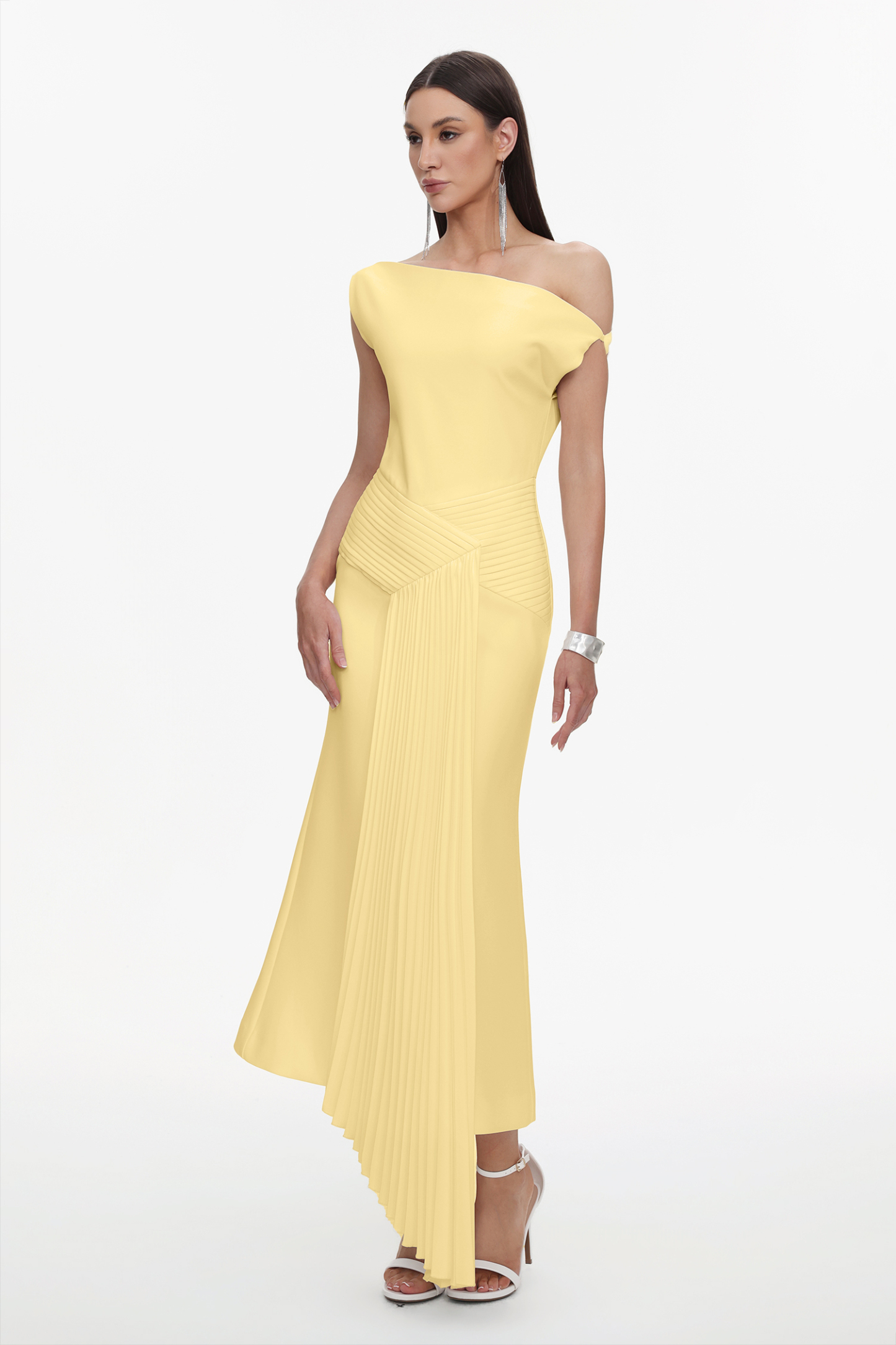 Paulina Oblique Shoulder Sleeveless Folds Yellow Midi Dress