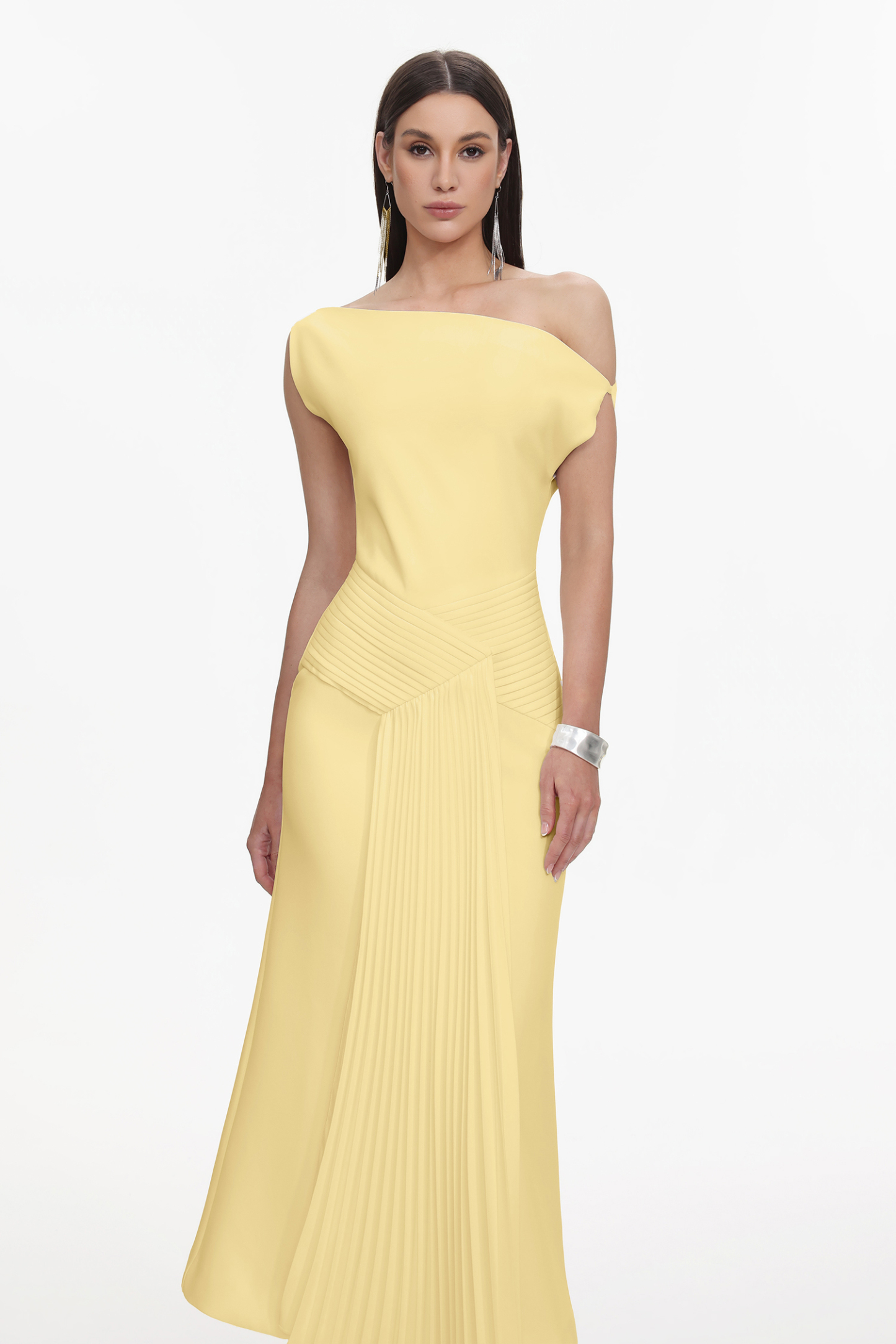 Paulina Oblique Shoulder Sleeveless Folds Yellow Midi Dress
