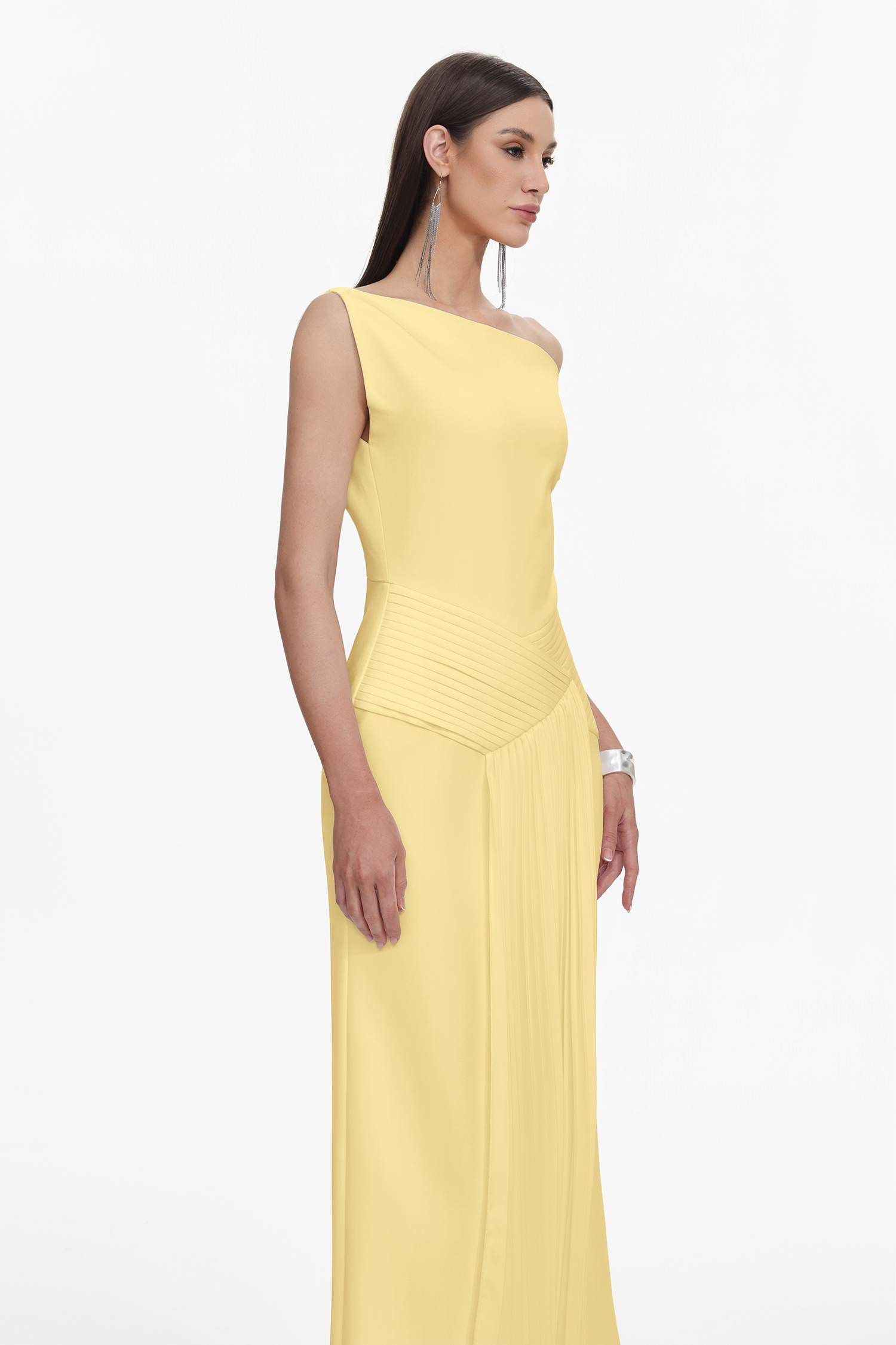 Paulina Oblique Shoulder Sleeveless Folds Yellow Midi Dress