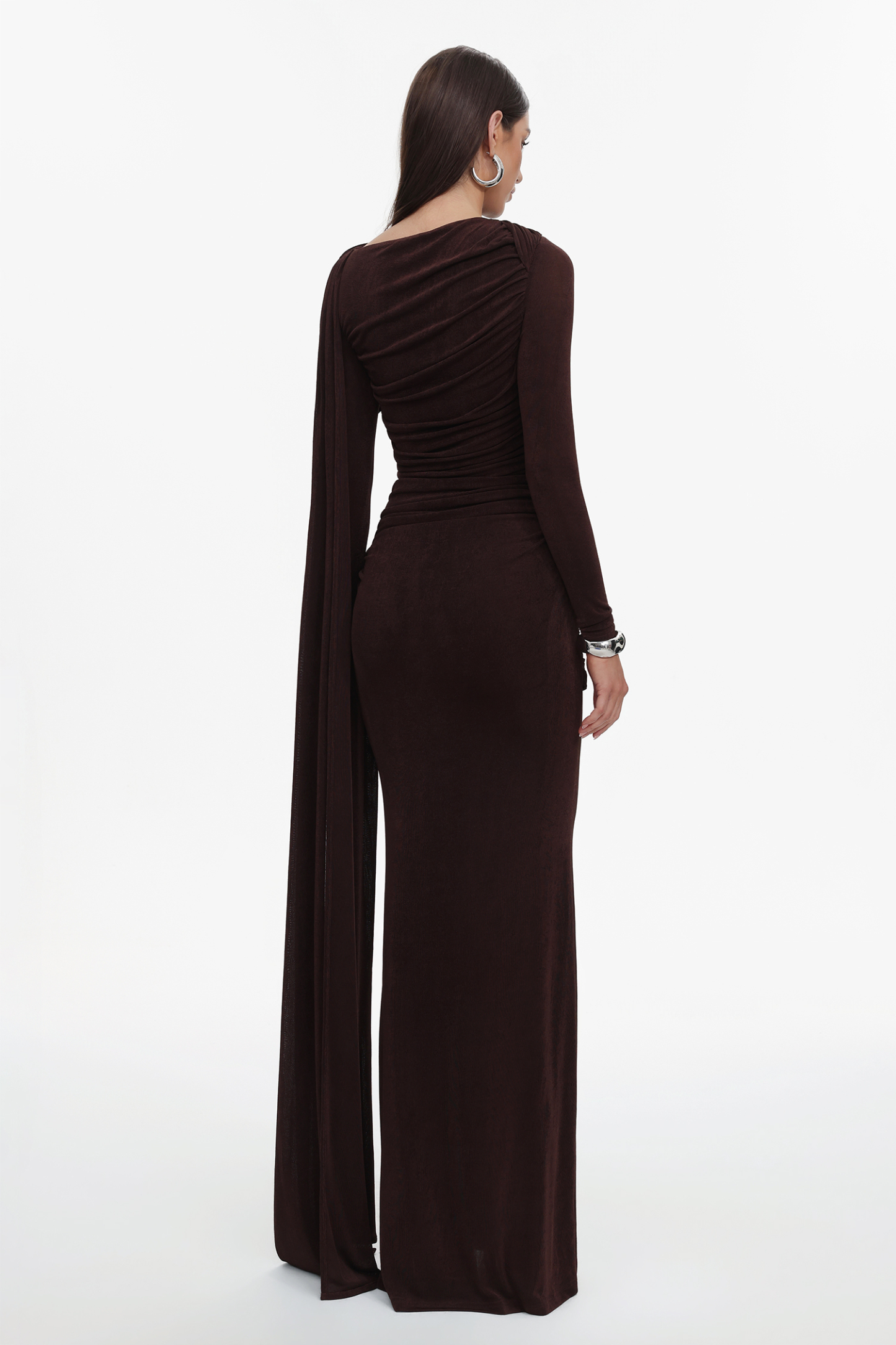 Tihila Long Sleeve Ruched Brown Maxi Dress