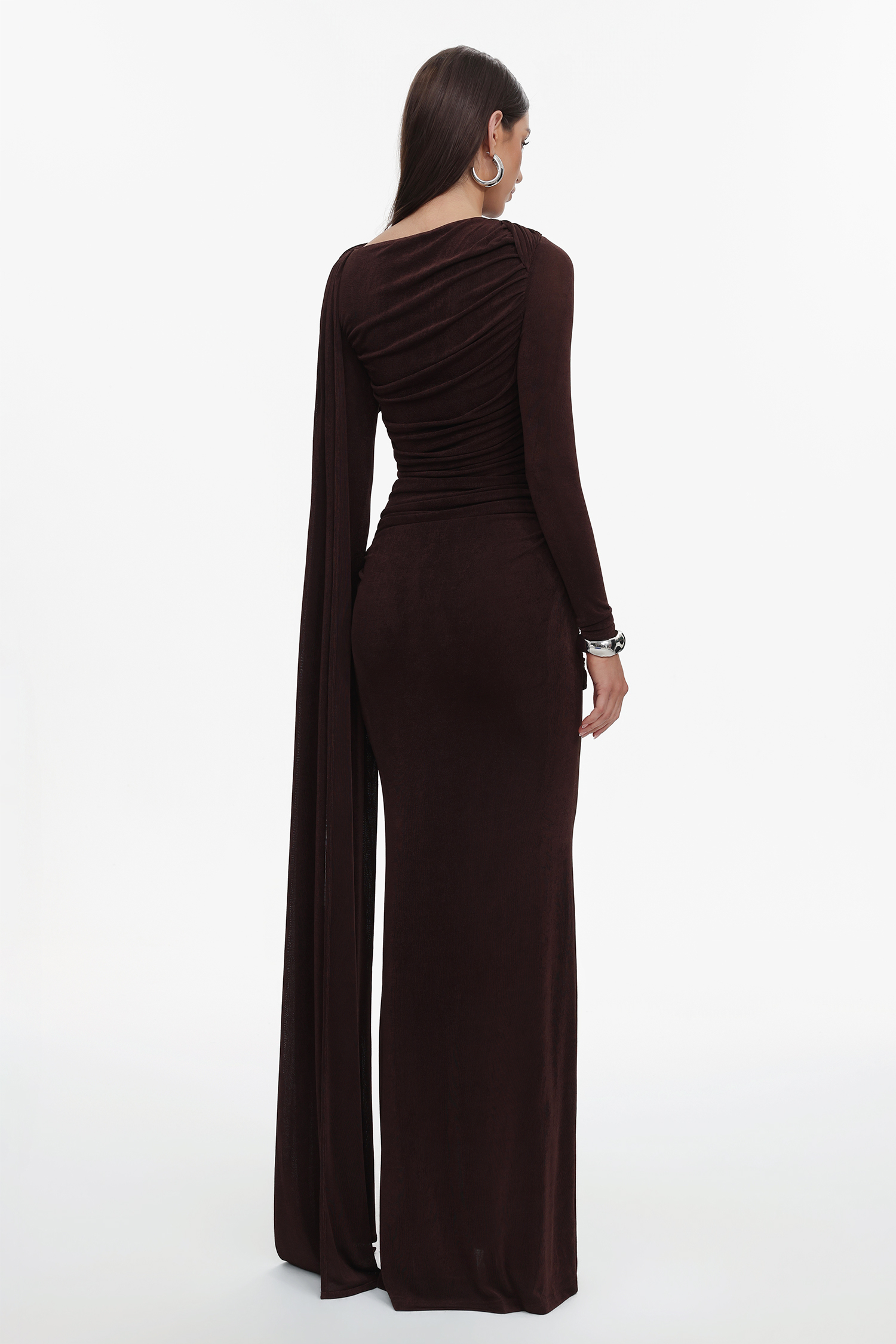 Tihila Long Sleeve Ruched Brown Maxi Dress