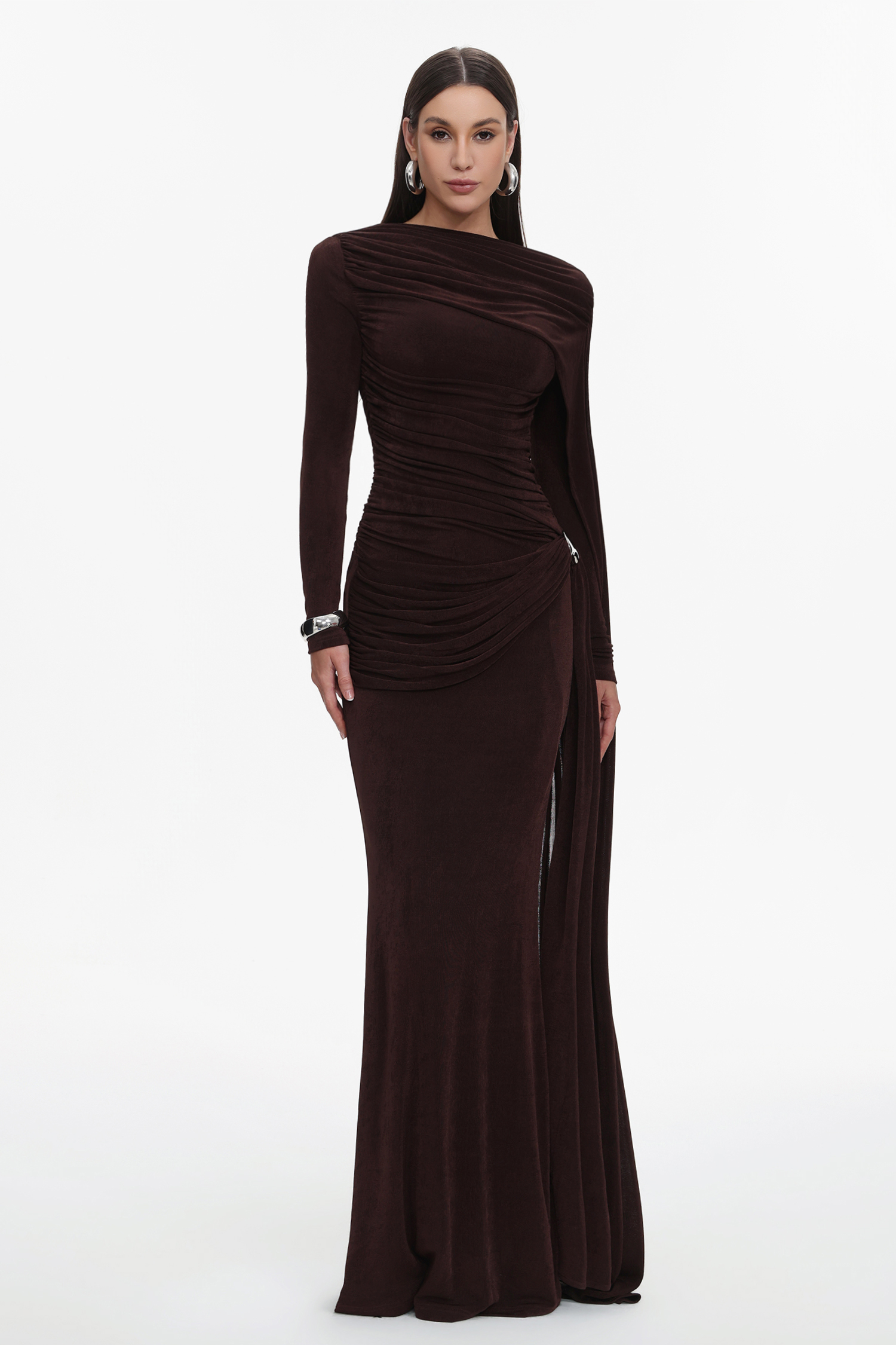 Tihila Long Sleeve Ruched Brown Maxi Dress