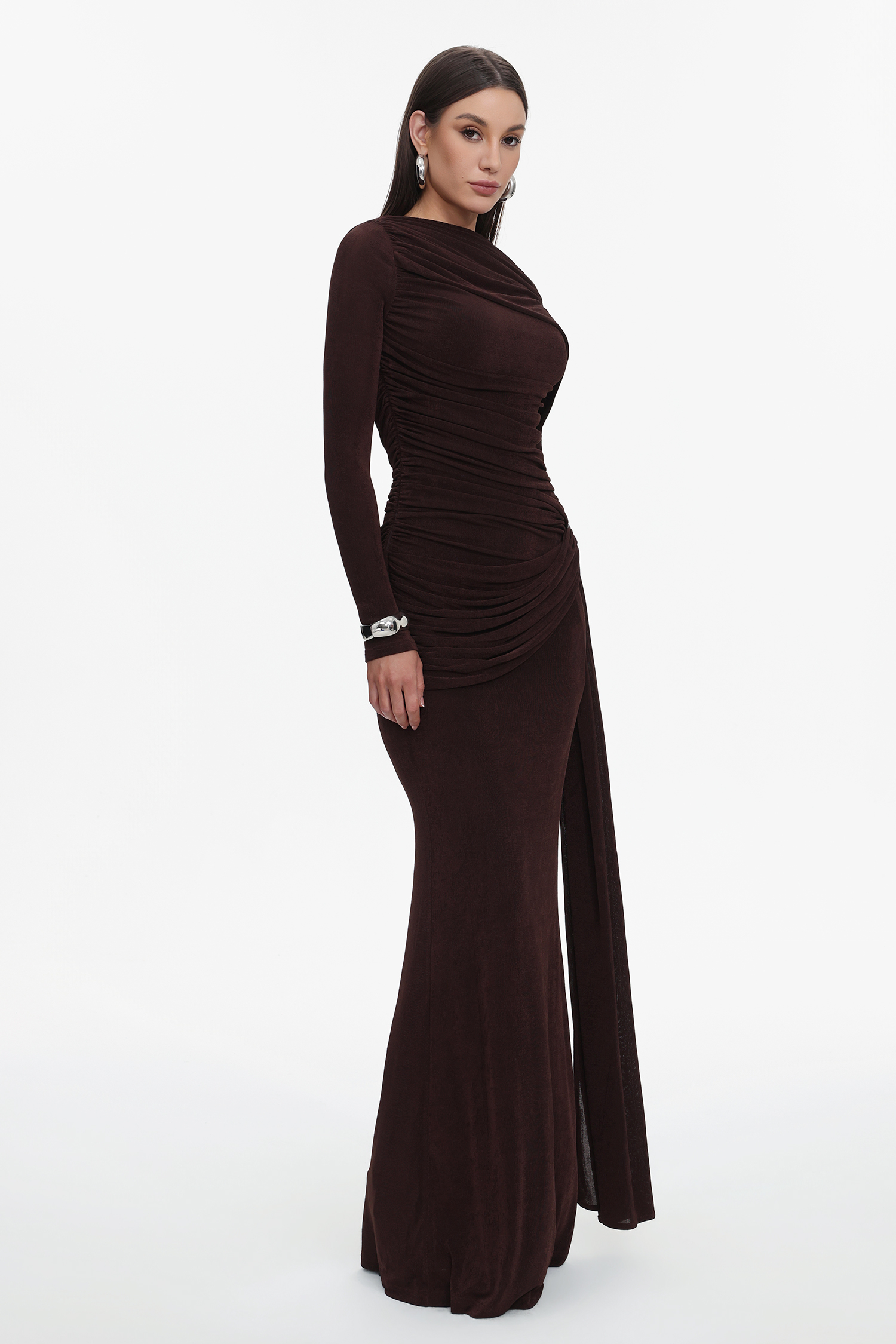 Tihila Long Sleeve Ruched Brown Maxi Dress