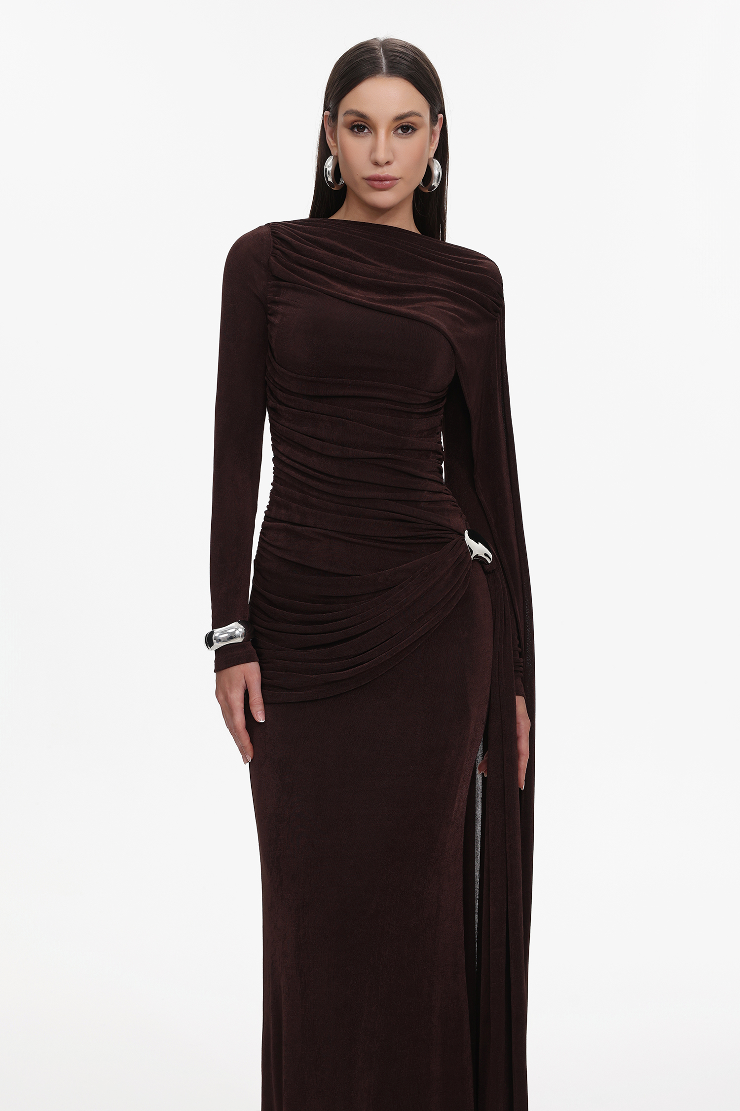 Tihila Long Sleeve Ruched Brown Maxi Dress