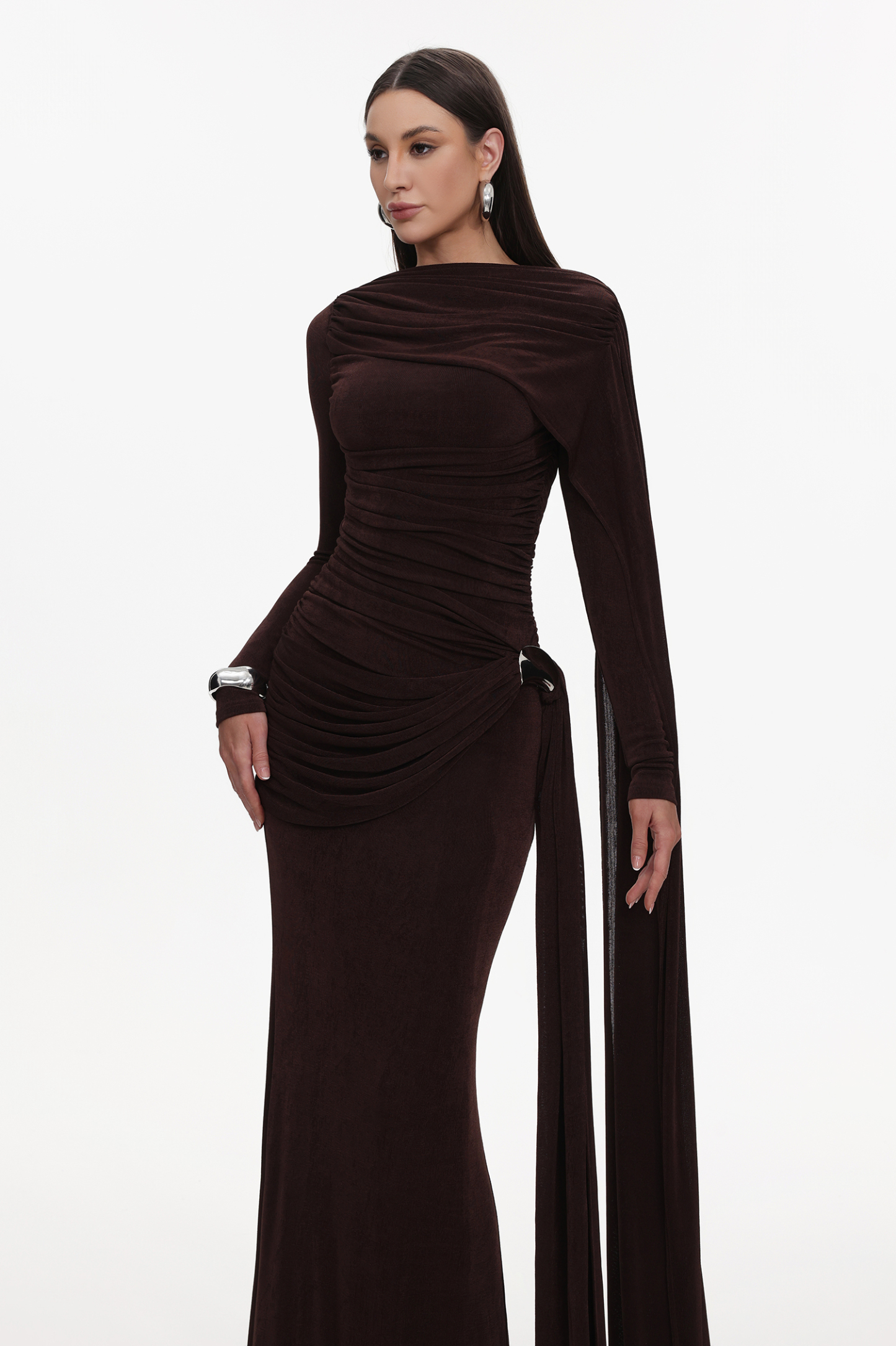 Tihila Long Sleeve Ruched Brown Maxi Dress