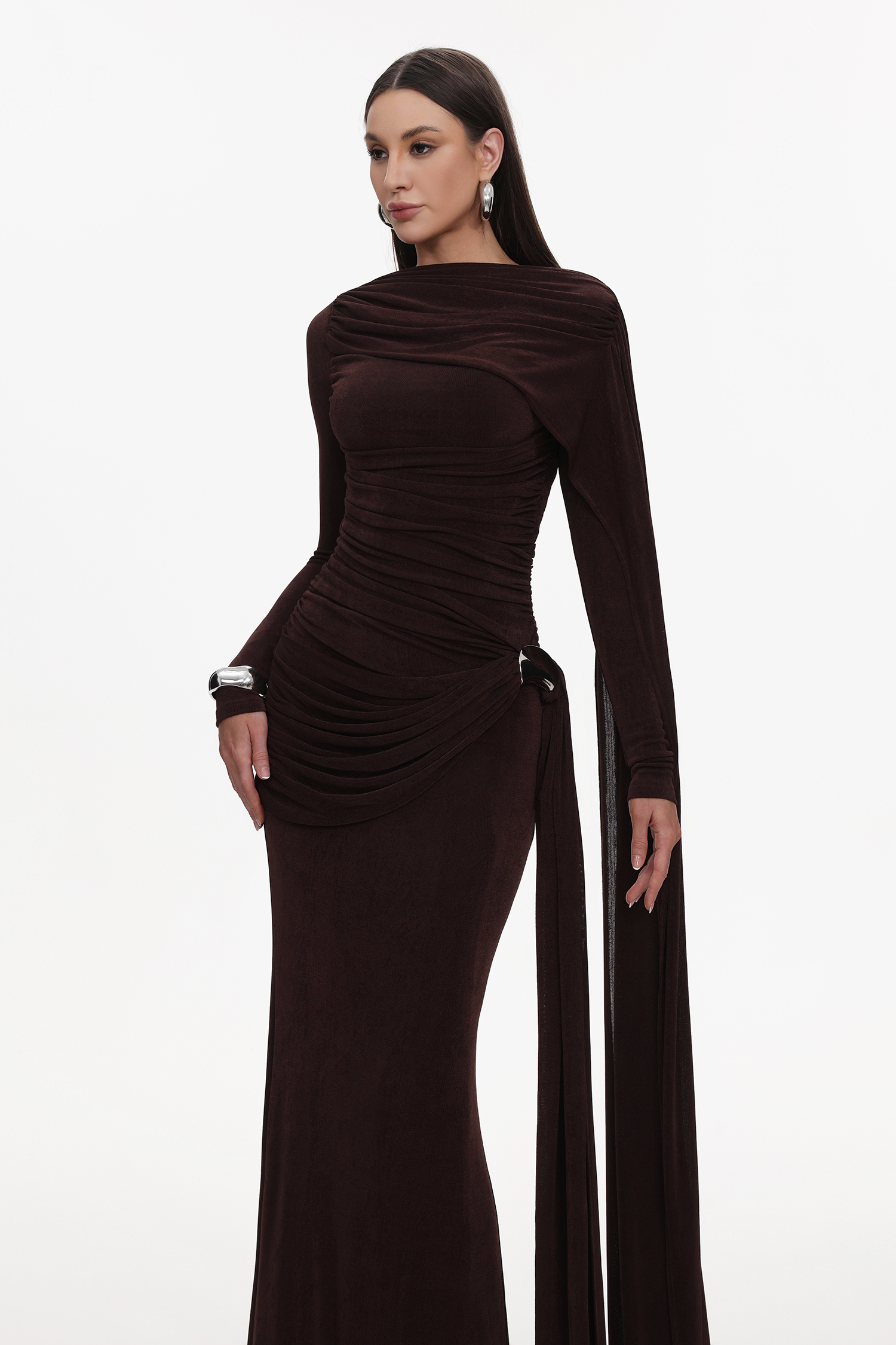 Tihila Long Sleeve Ruched Brown Maxi Dress