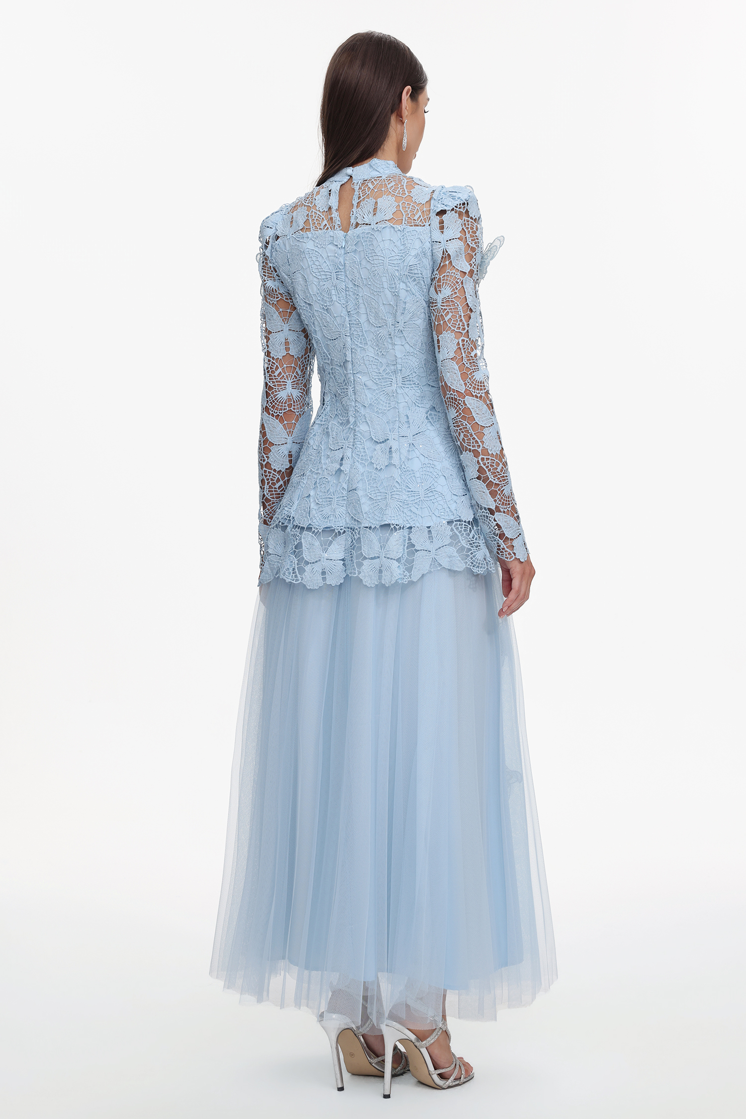 Sabina Long Sleeve Folds Lace Butterfly Top And Skirt Two-Piece Set