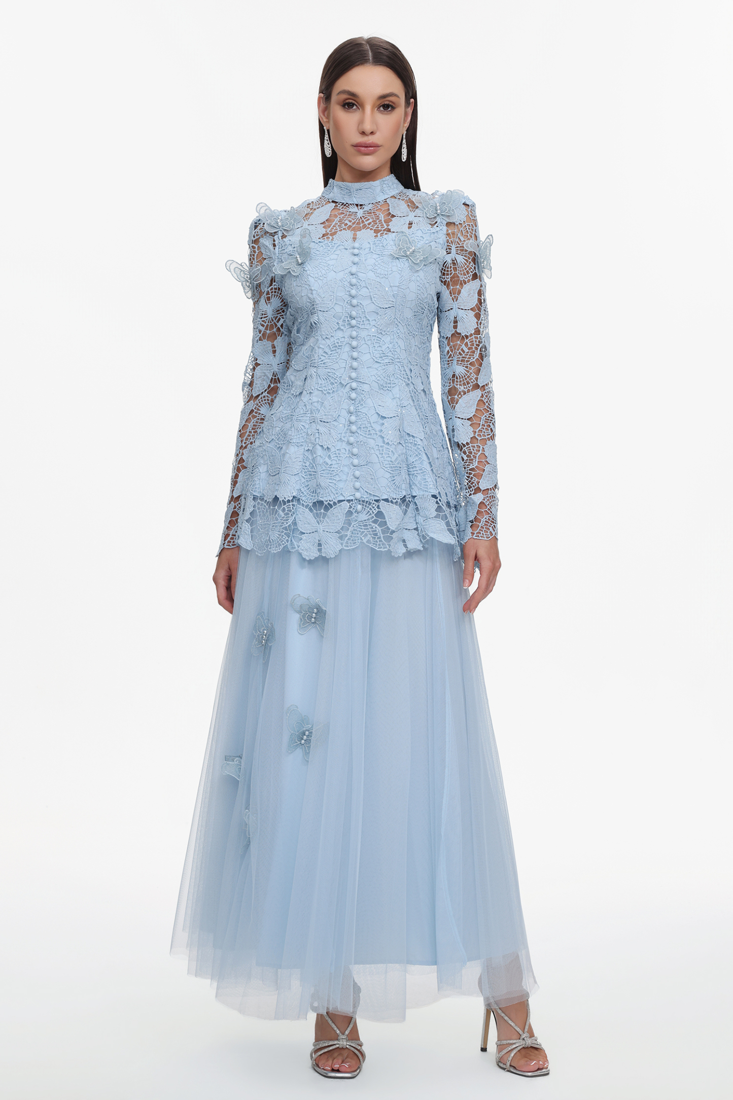 Sabina Long Sleeve Folds Lace Butterfly Top And Skirt Two-Piece Set