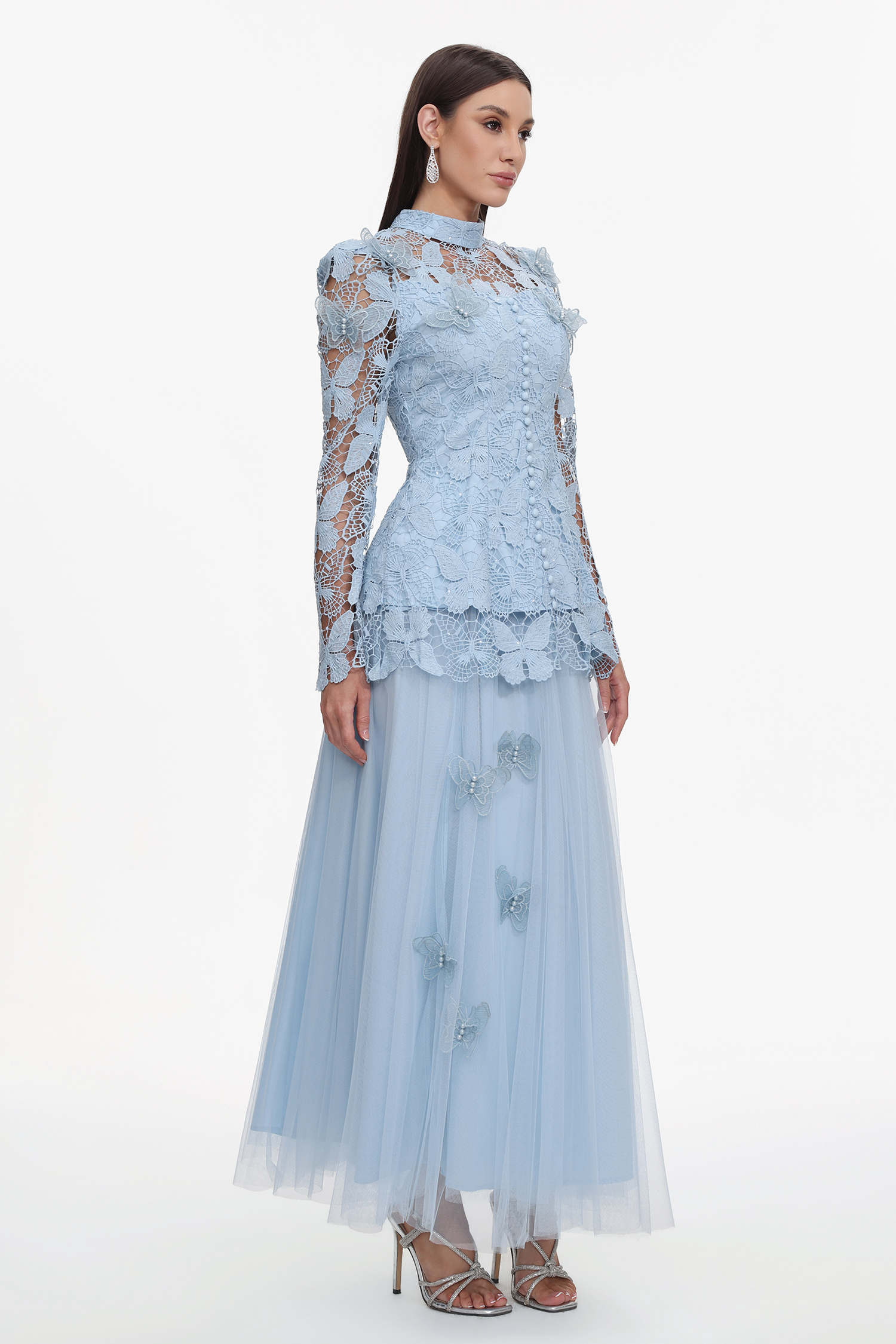 Sabina Long Sleeve Folds Lace Butterfly Top And Skirt Two-Piece Set