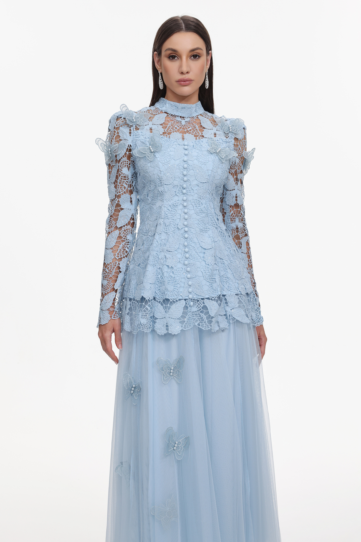 Sabina Long Sleeve Folds Lace Butterfly Top And Skirt Two-Piece Set