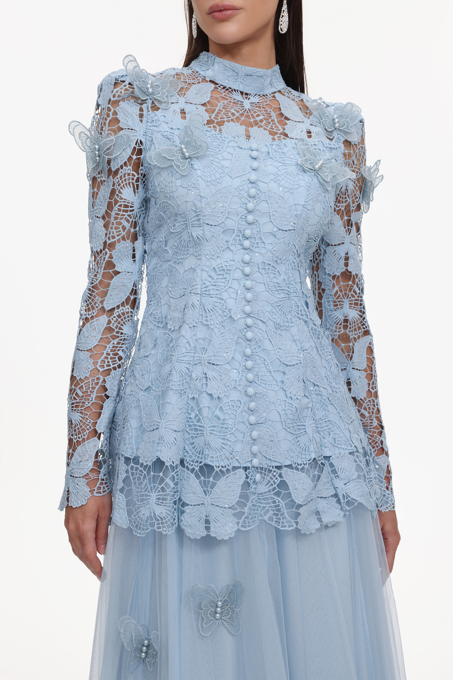 Sabina Long Sleeve Folds Lace Butterfly Top And Skirt Two-Piece Set