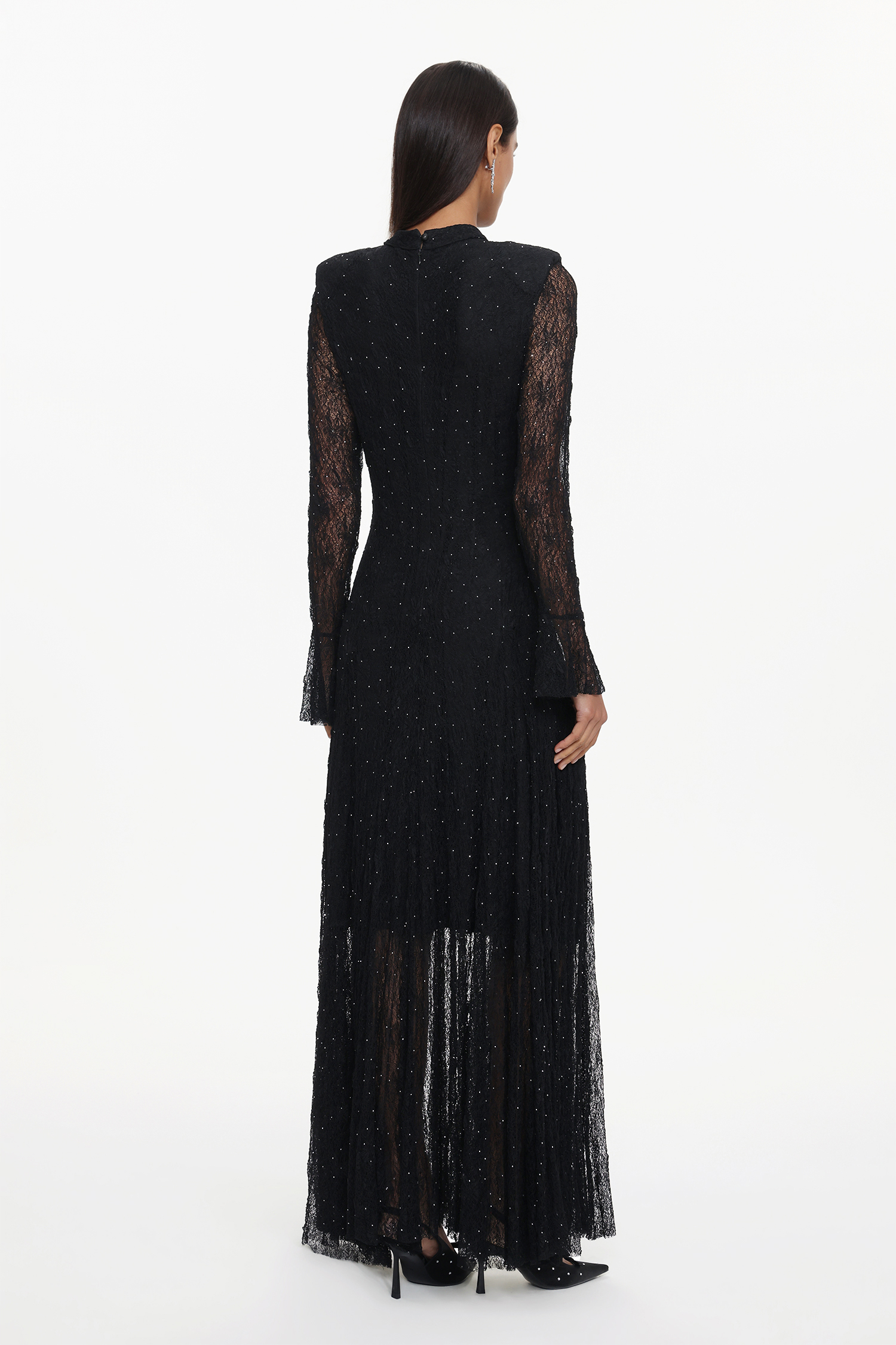 Hunter Elegant Contour Long Sleeve Crystal Lace Black Maxi Dress