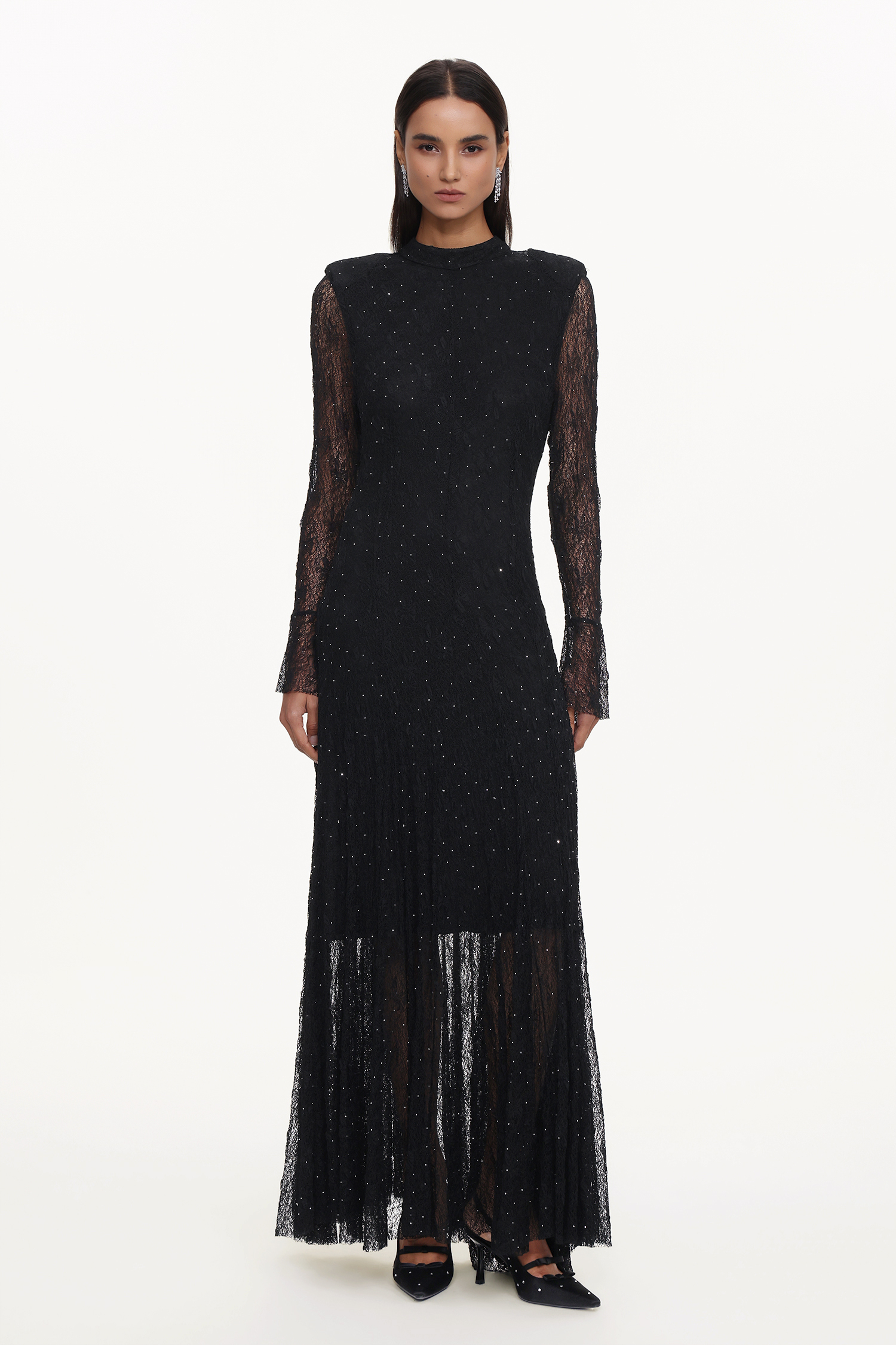 Hunter Elegant Contour Long Sleeve Crystal Lace Black Maxi Dress