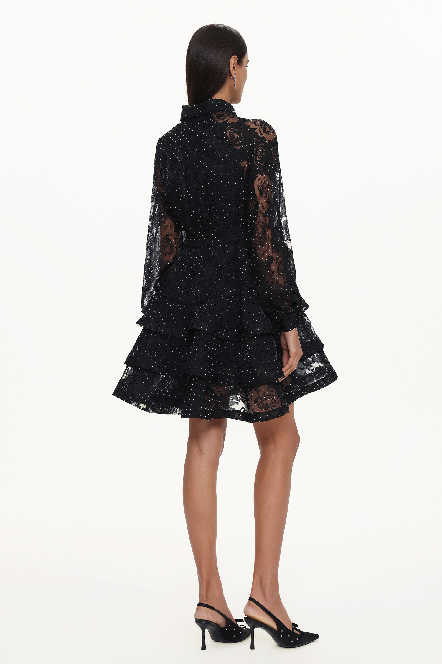 Peta Resort Flowy Long Sleeve Crystal Ruffle Floral Lace Woven Mini Dress