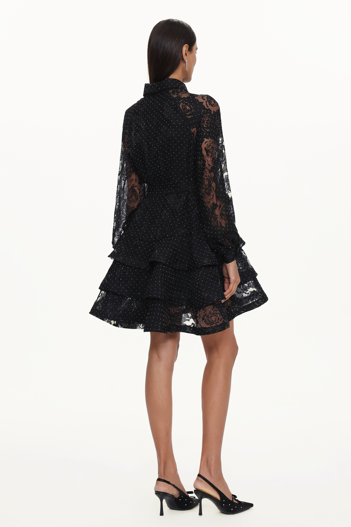 Peta Resort Flowy Long Sleeve Crystal Ruffle Floral Lace Woven Mini Dress