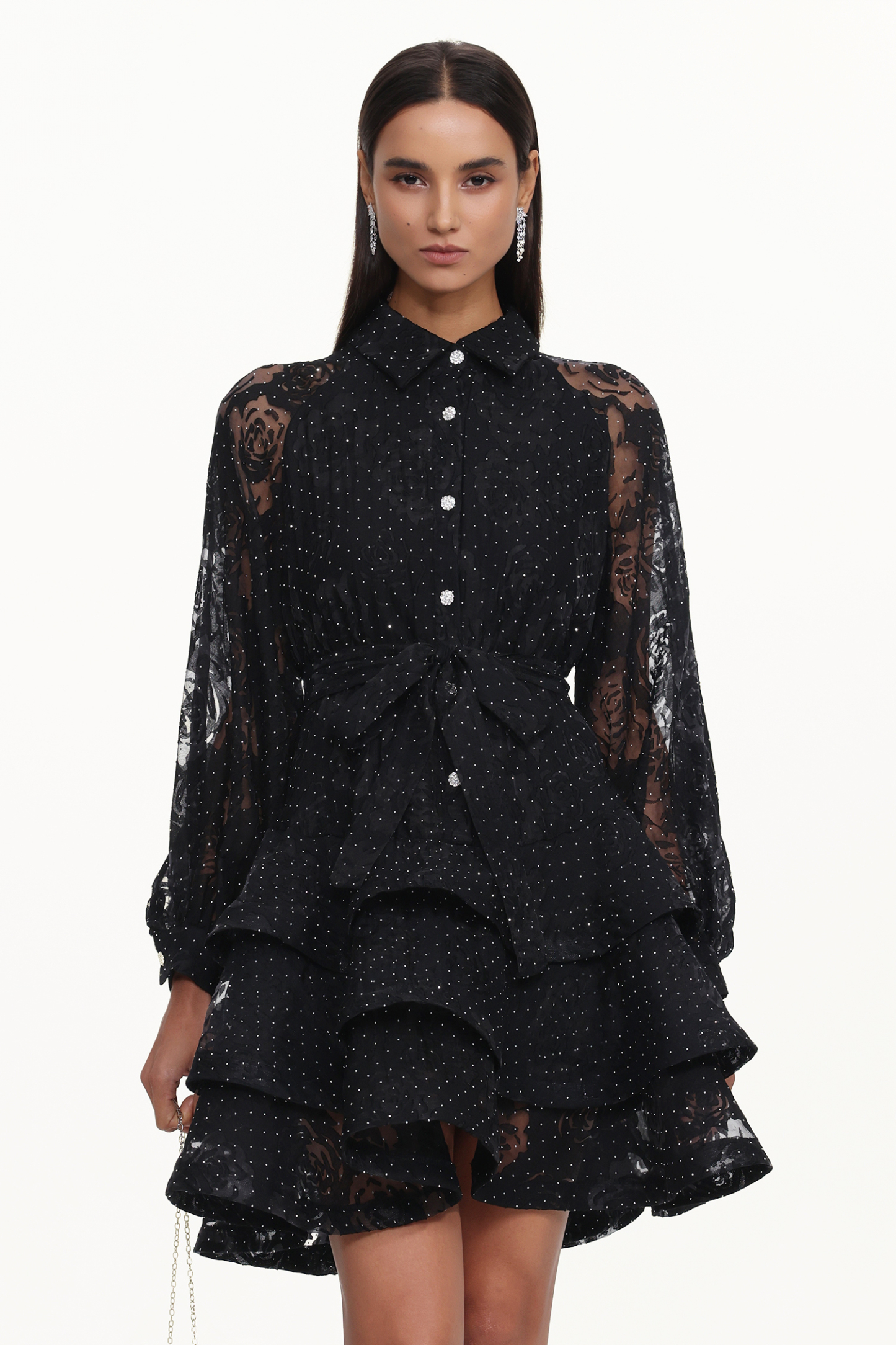 Peta Resort Flowy Long Sleeve Crystal Ruffle Floral Lace Woven Mini Dress