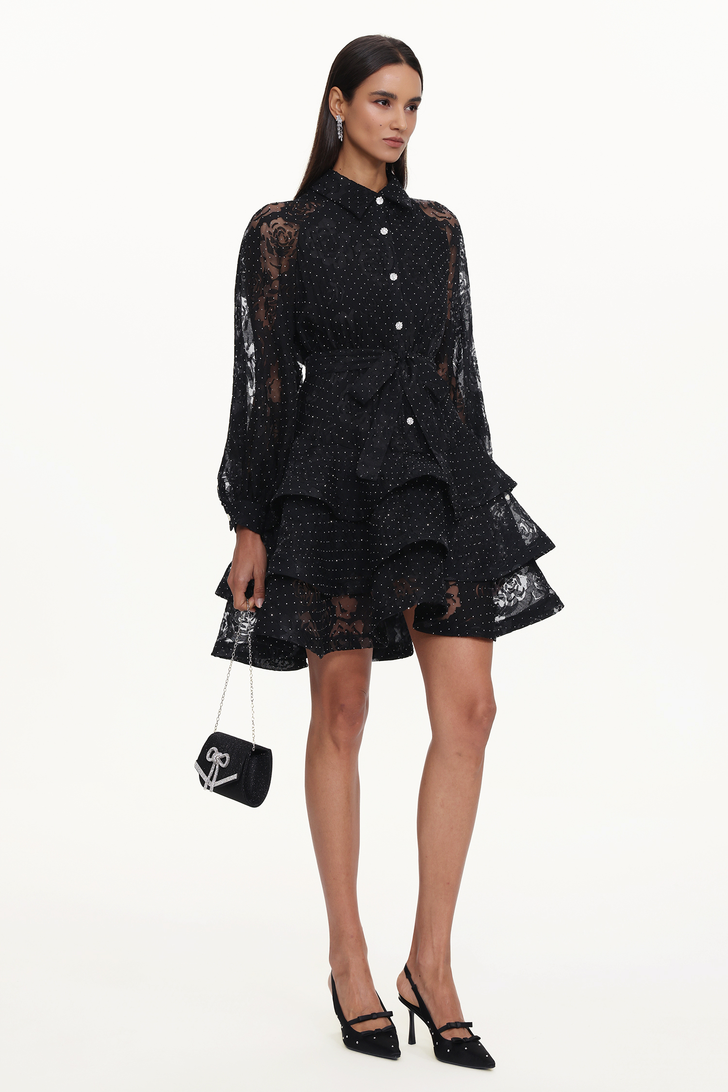 Peta Resort Flowy Long Sleeve Crystal Ruffle Floral Lace Woven Mini Dress