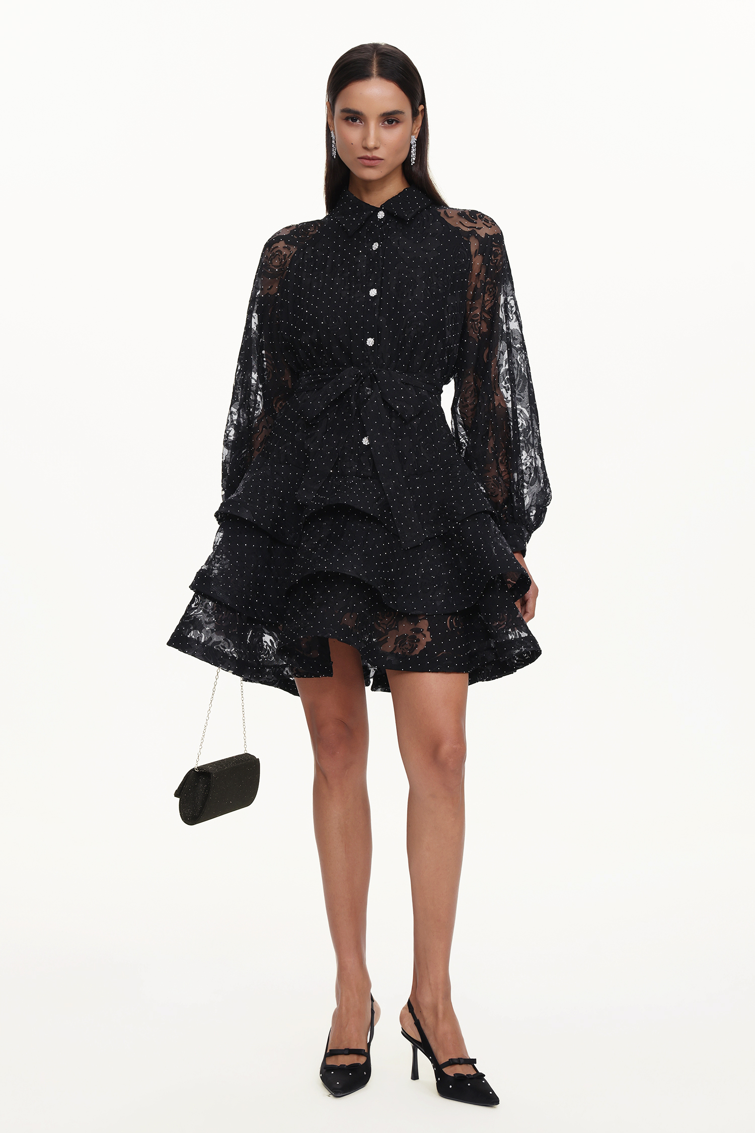 Peta Resort Flowy Long Sleeve Crystal Ruffle Floral Lace Woven Mini Dress