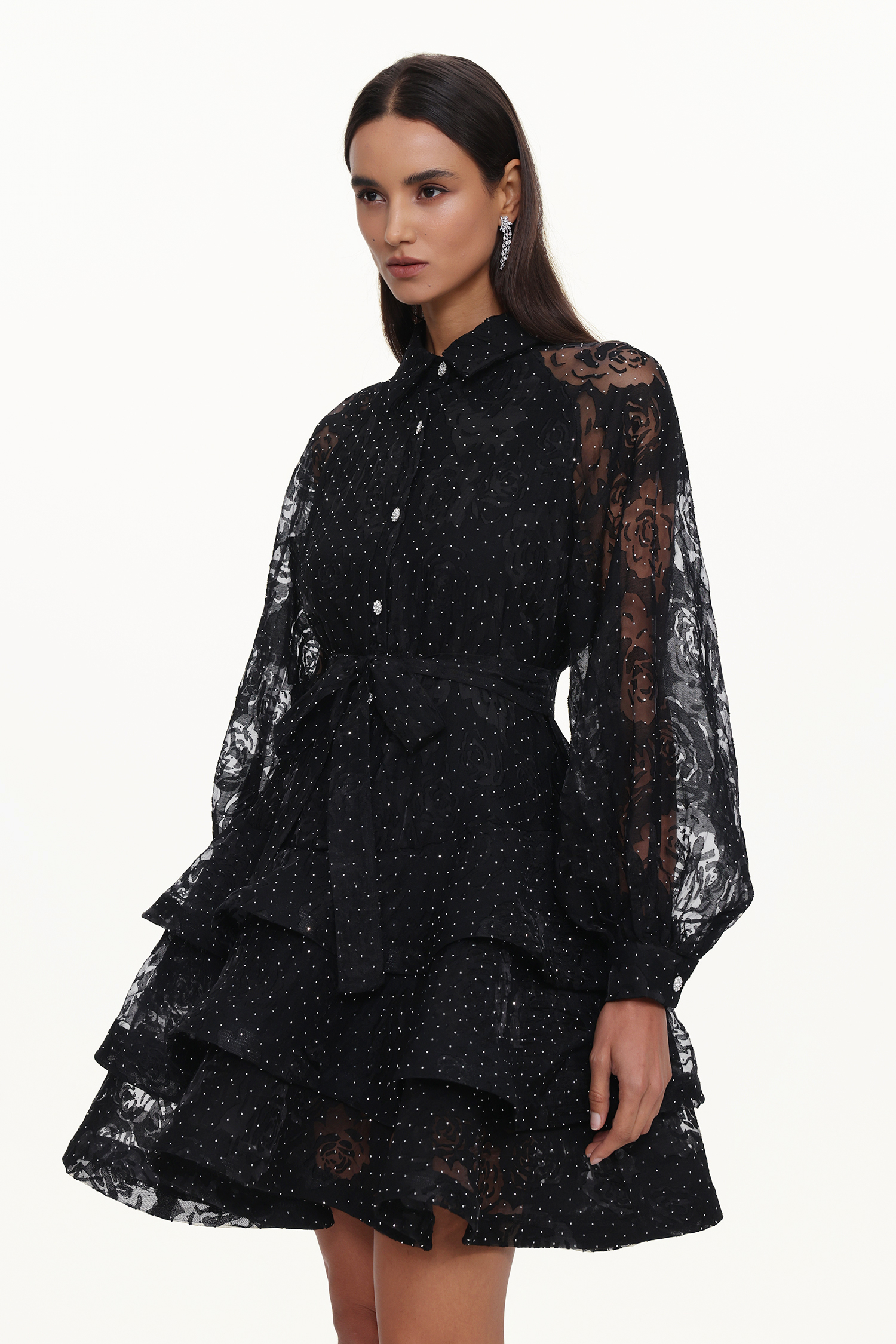 Peta Resort Flowy Long Sleeve Crystal Ruffle Floral Lace Woven Mini Dress