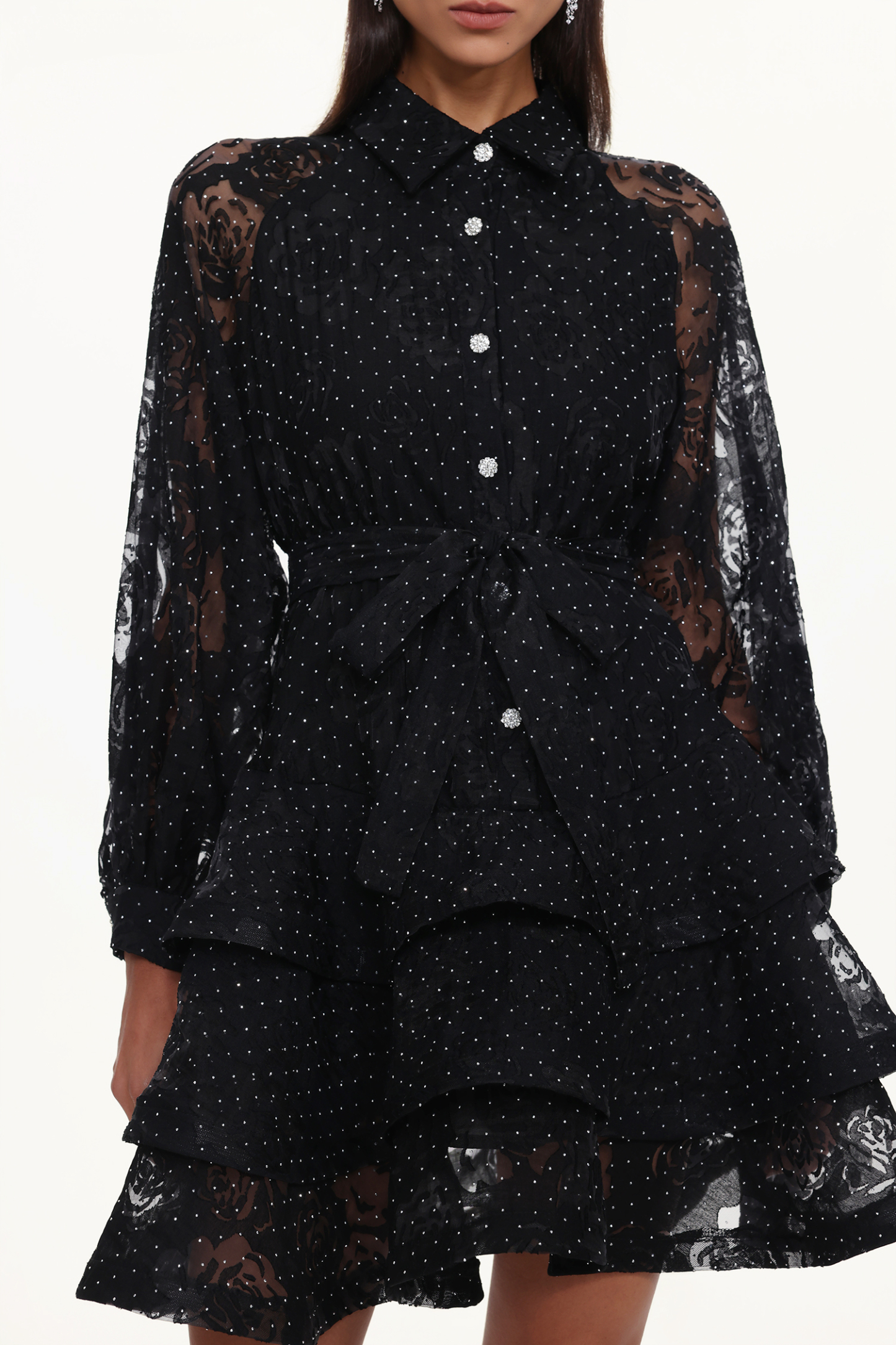 Peta Resort Flowy Long Sleeve Crystal Ruffle Floral Lace Woven Mini Dress