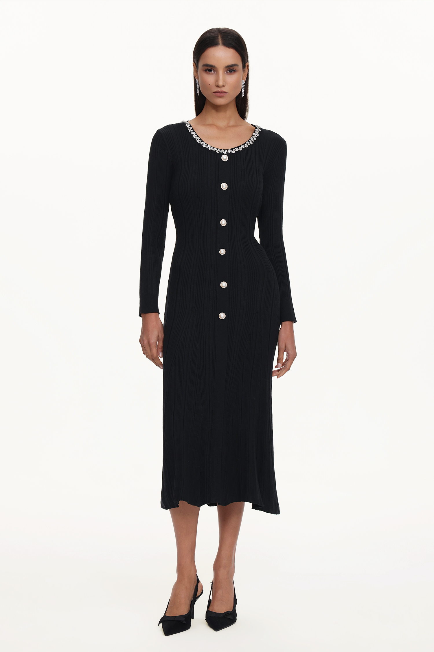 Ymmi Elegant Contour Long Sleeve Rhinestone Buttoned Knit Maxi Dress