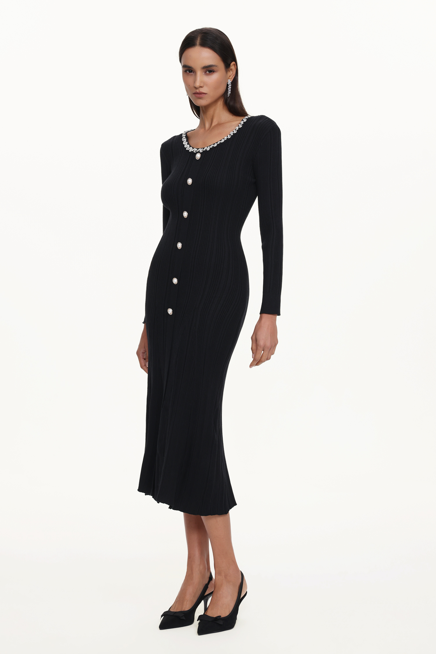 Ymmi Elegant Contour Long Sleeve Rhinestone Buttoned Knit Maxi Dress