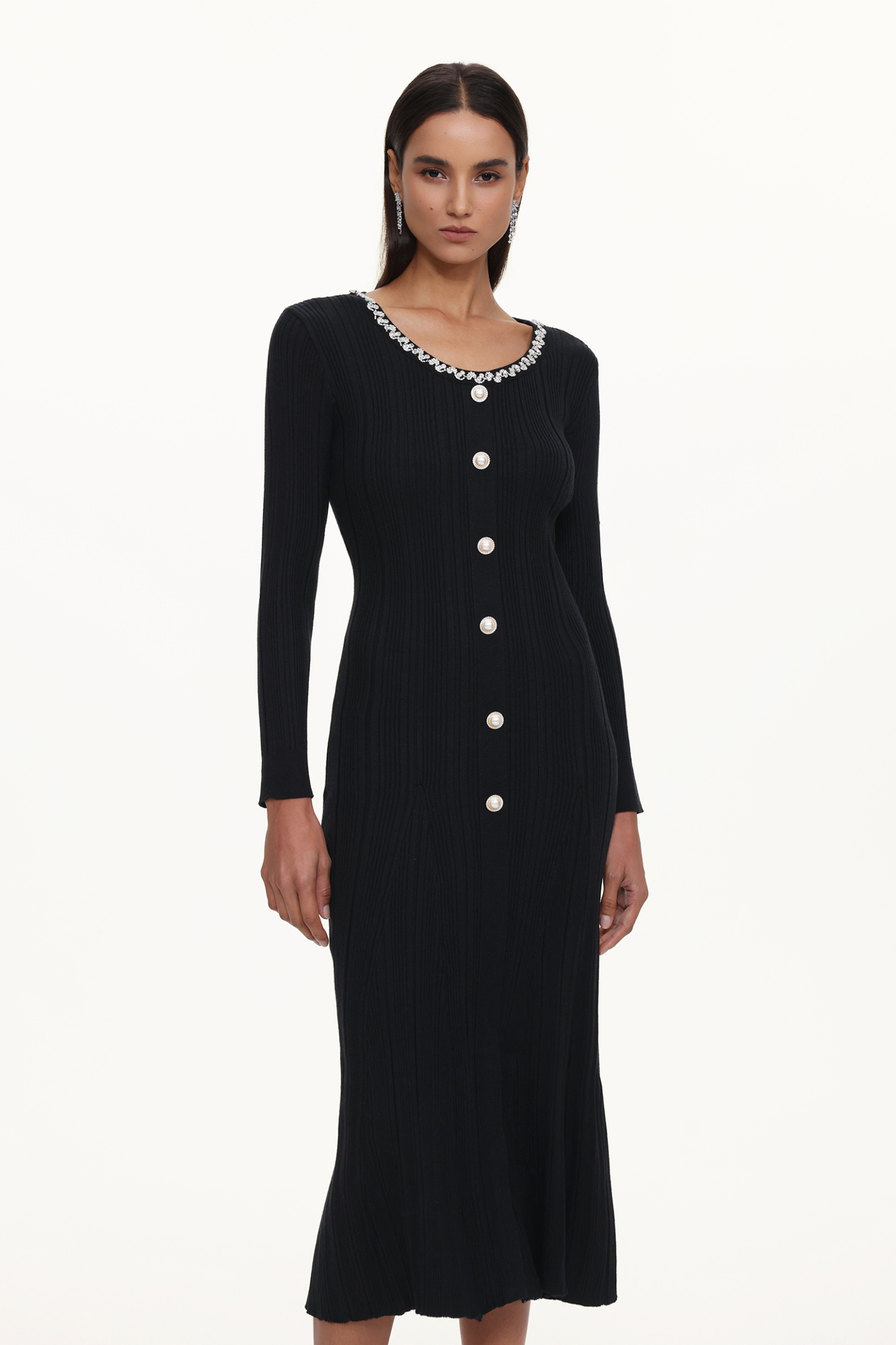 Ymmi Elegant Contour Long Sleeve Rhinestone Buttoned Knit Maxi Dress