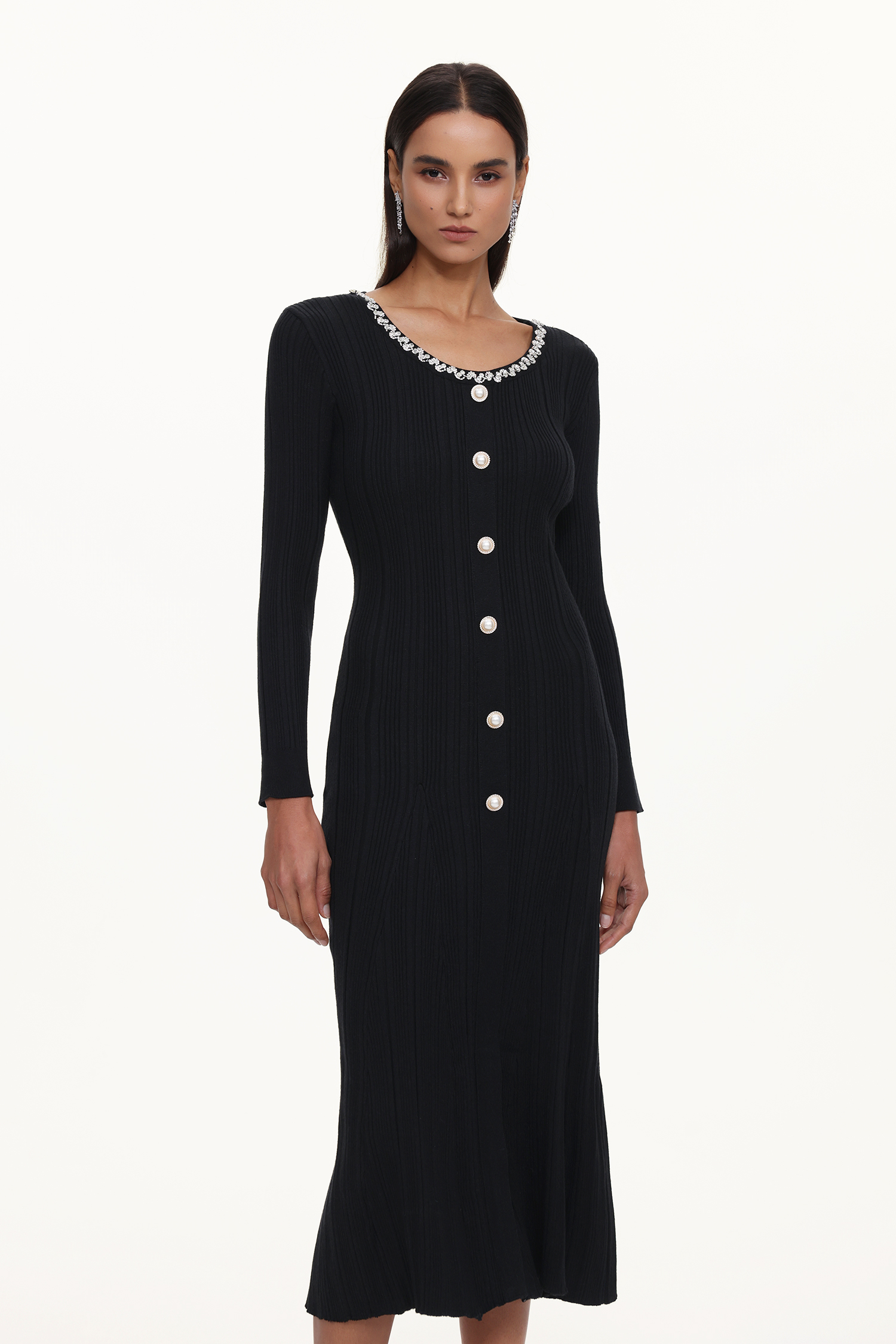 Ymmi Elegant Contour Long Sleeve Rhinestone Buttoned Knit Maxi Dress