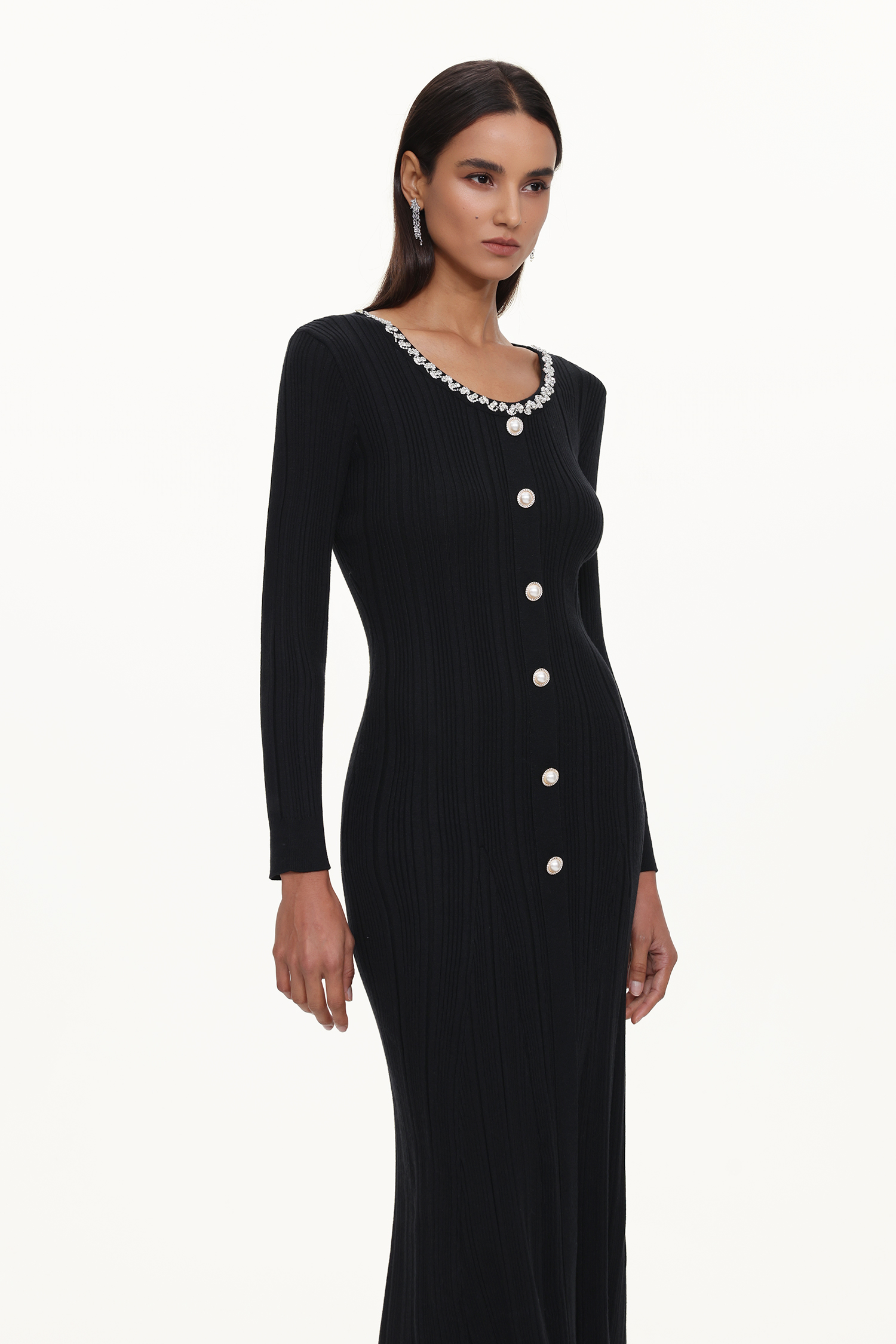 Ymmi Elegant Contour Long Sleeve Rhinestone Buttoned Knit Maxi Dress