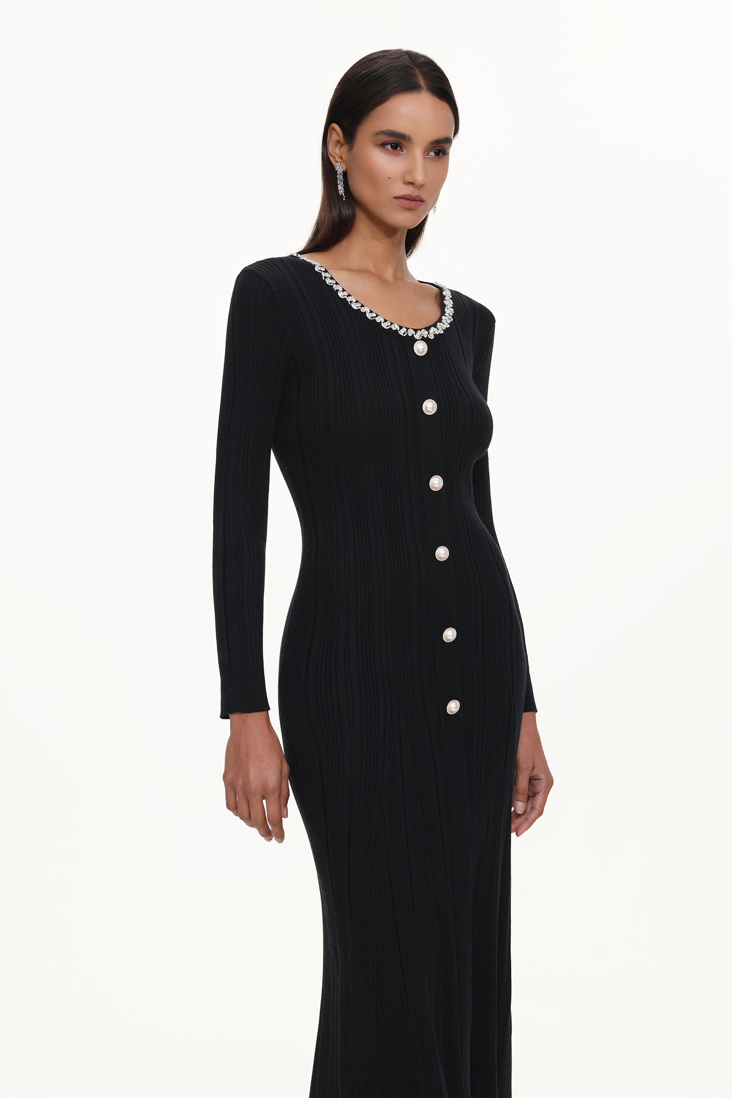 Ymmi Elegant Contour Long Sleeve Rhinestone Buttoned Knit Maxi Dress