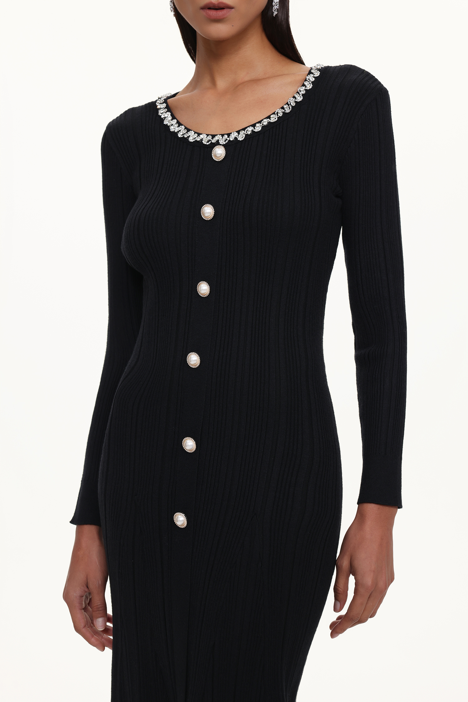 Ymmi Elegant Contour Long Sleeve Rhinestone Buttoned Knit Maxi Dress