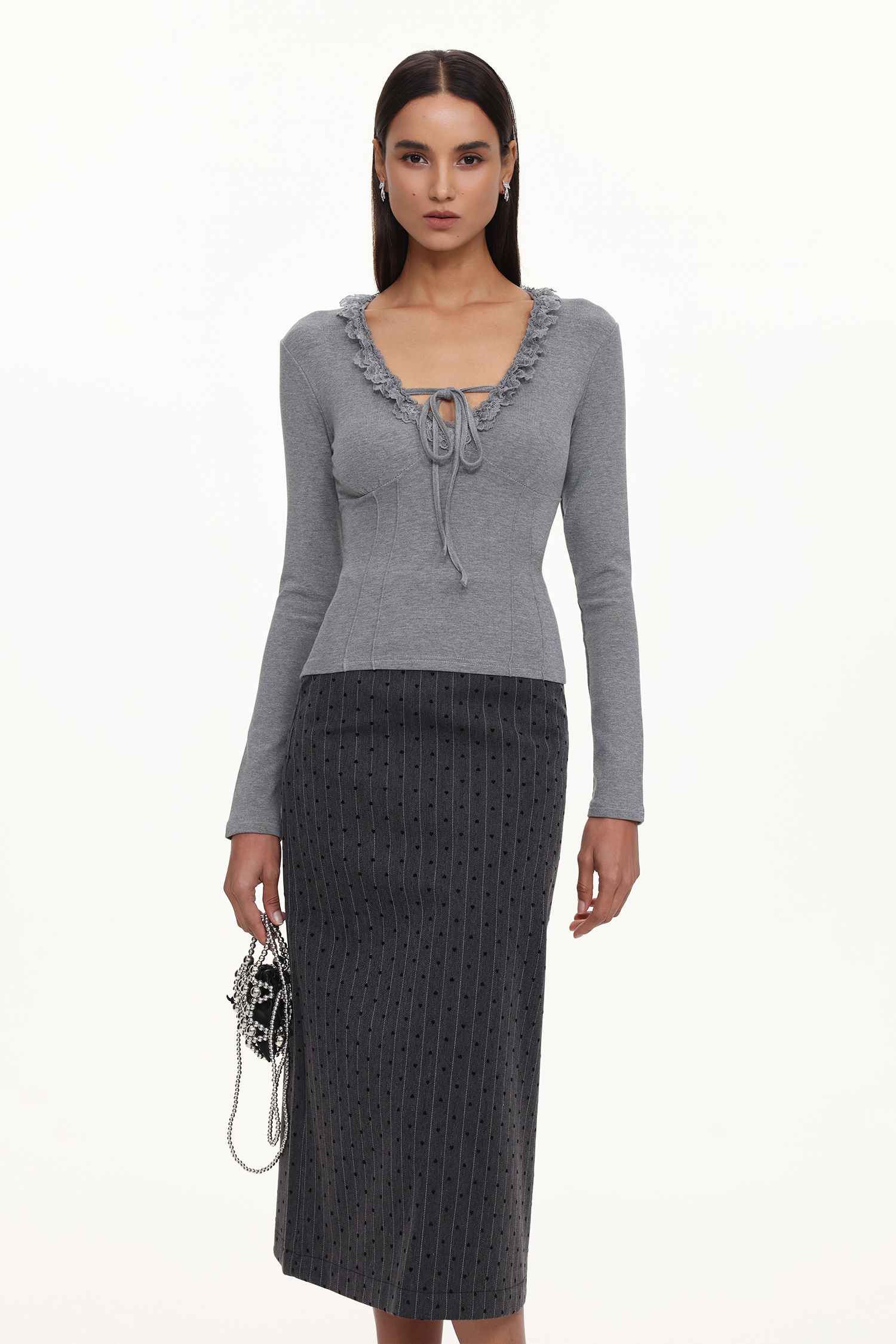 Jenny Chic Contour V Neck Long Sleeve Lace Knit Top