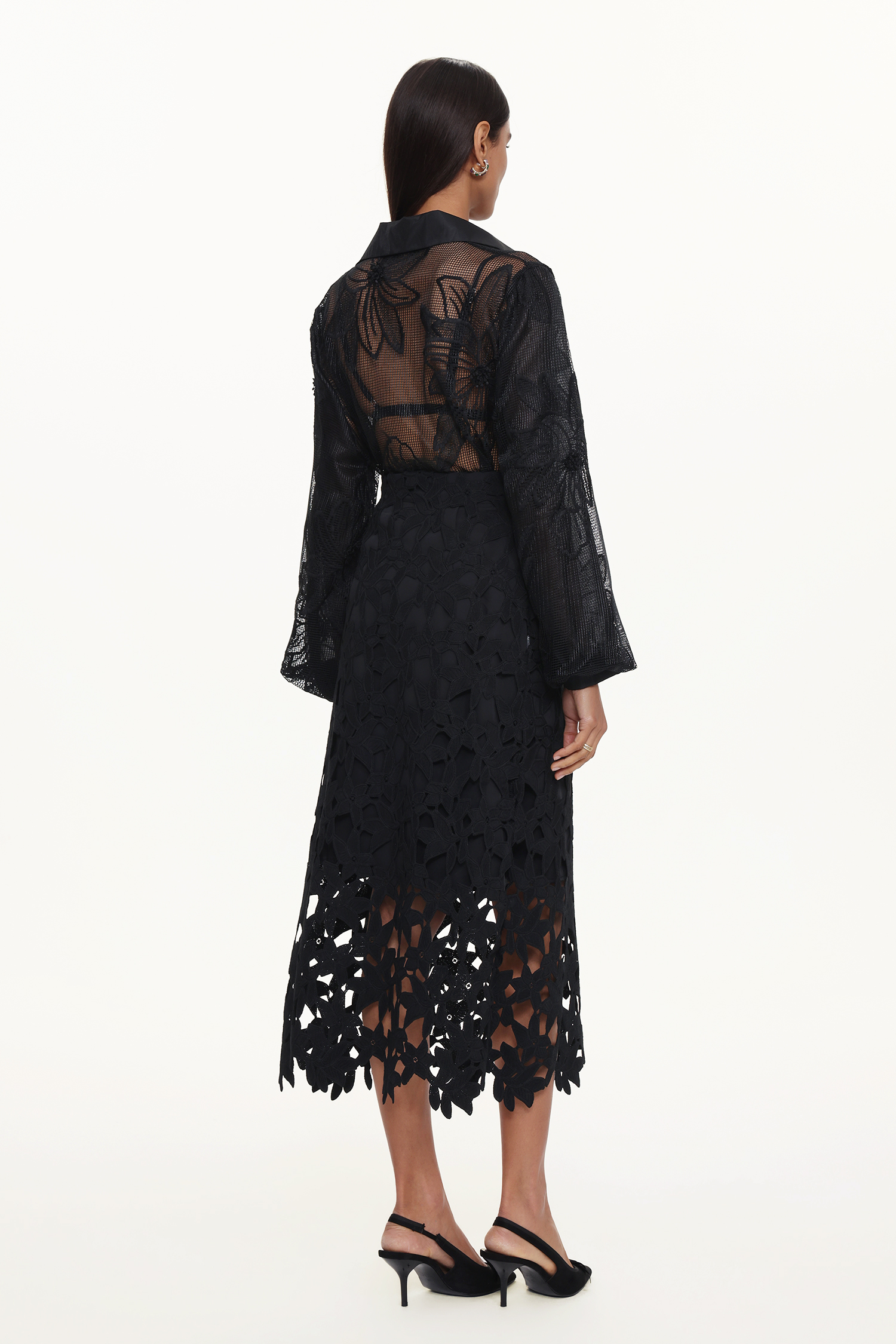 Elza Chic Tailored Long Sleeve Floral Cut Out Woven Shirt