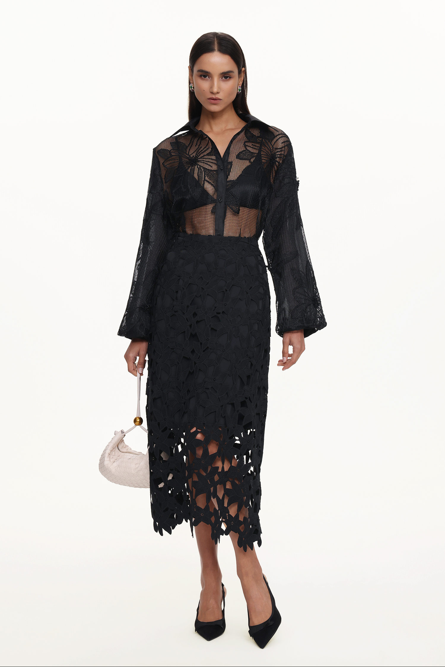 Elza Chic Tailored Long Sleeve Floral Cut Out Woven Shirt