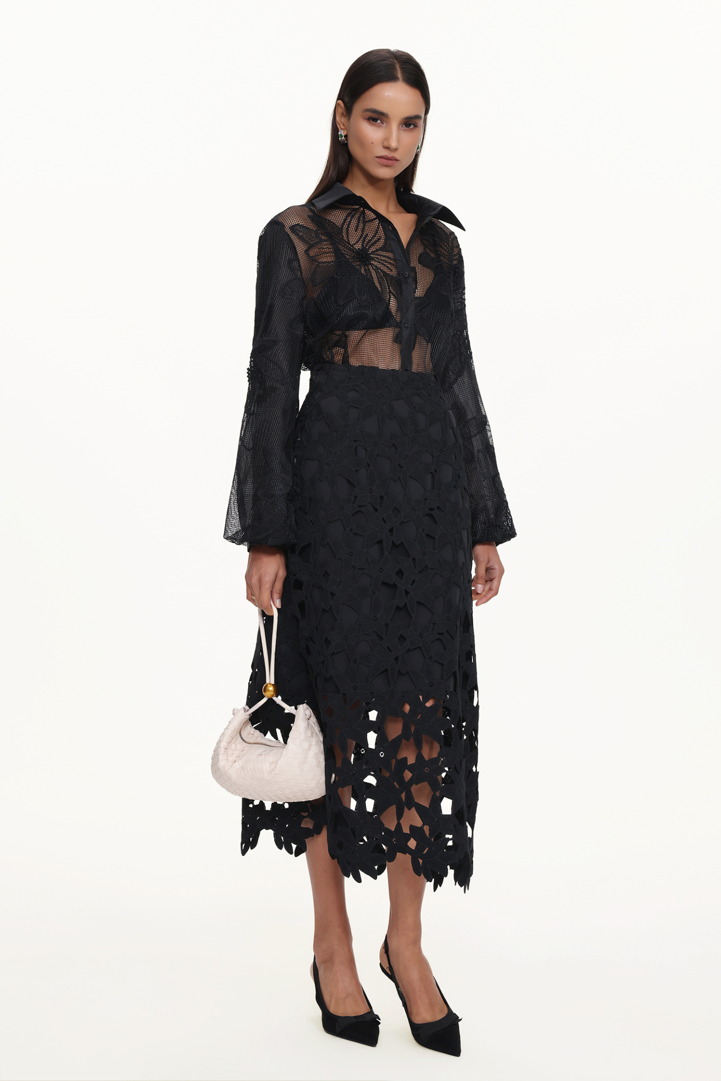 Elza Chic Tailored Long Sleeve Floral Cut Out Woven Shirt